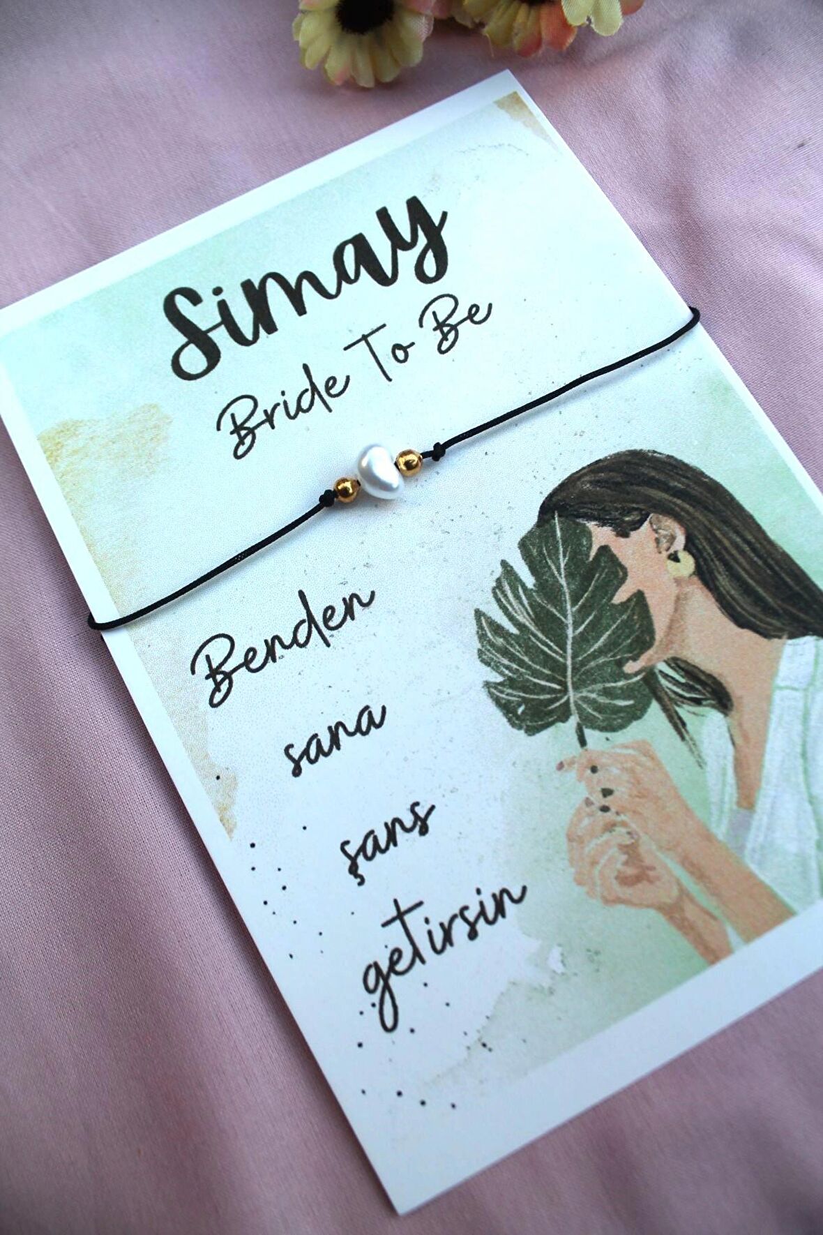 40 Adet Kişiye Özel Kartlı Şans Bilekliği - Kına Hediyesi - Kına Hatırası - Nikah Hatırası - Bride H