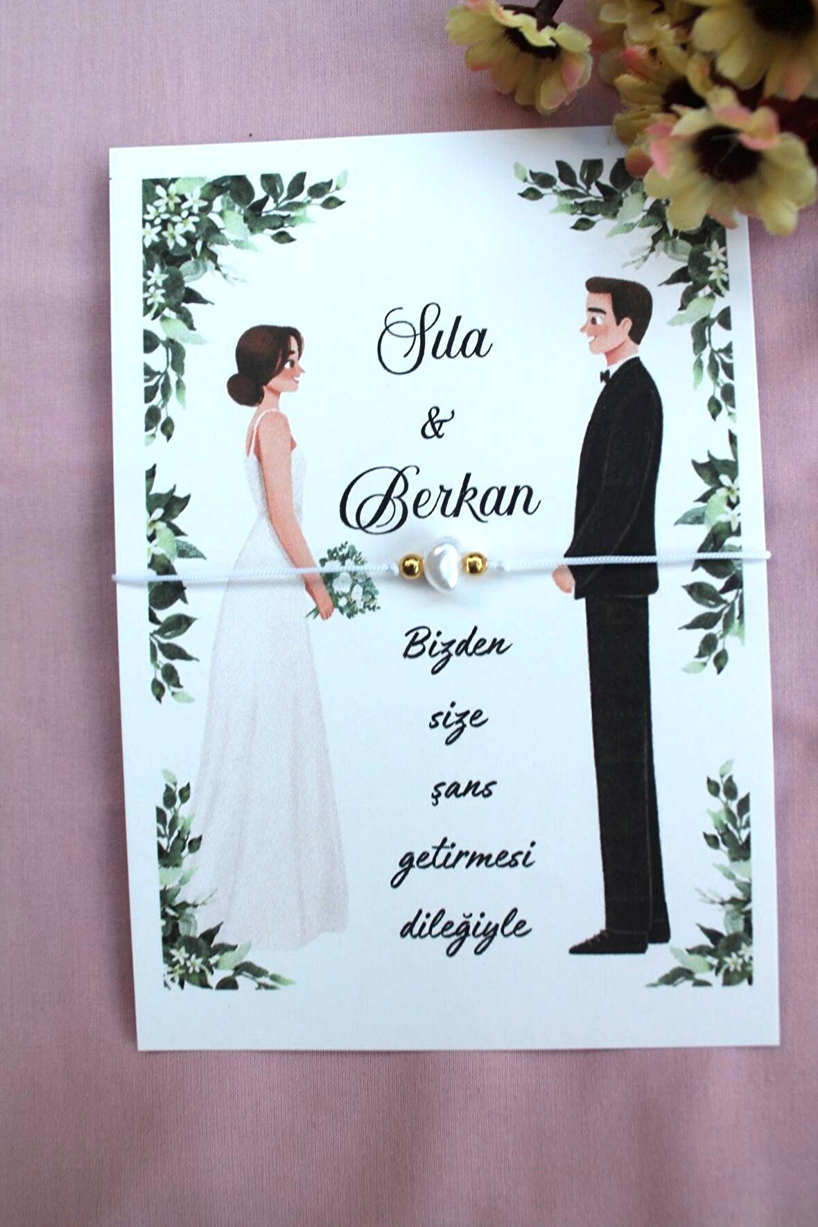 40 Adet Kişiye Özel Kartlı Şans Bilekliği - Kına Hediyesi - Kına Hatırası - Nikah Hatırası - Bride H