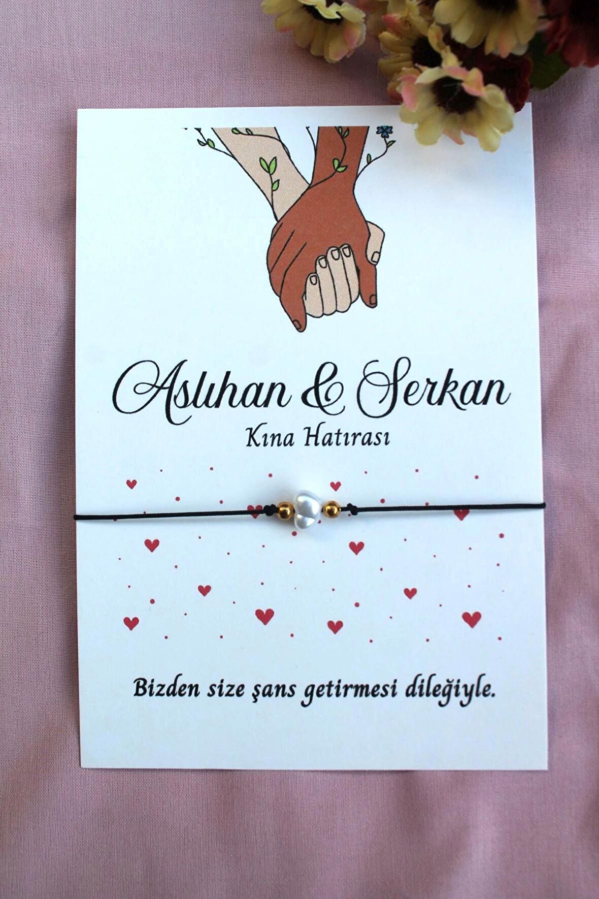 40 Adet Kişiye Özel Kartlı Şans Bilekliği - Kına Hediyesi - Kına Hatırası - Nikah Hatırası - Bride H