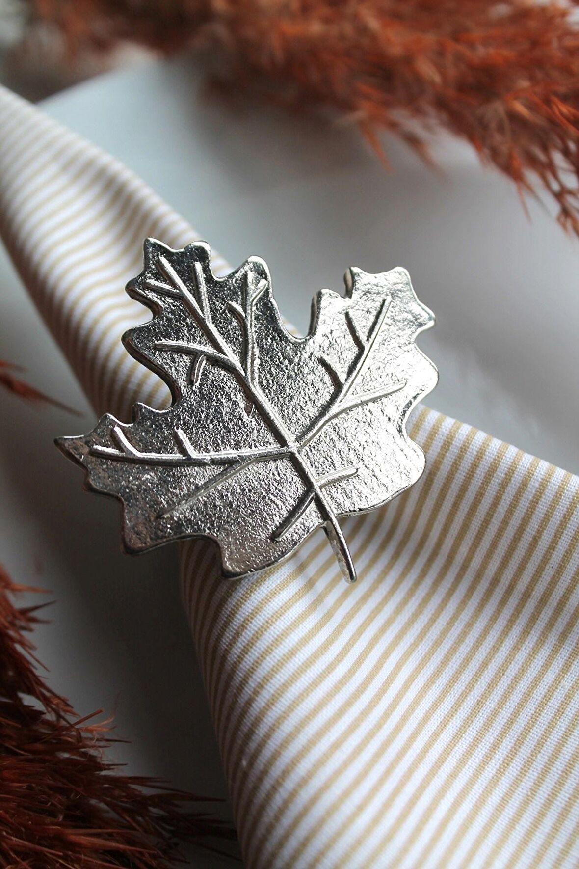 6 Adet Gümüş Çınar Yaprağı Metal Peçete Halkası - Napkin Ring