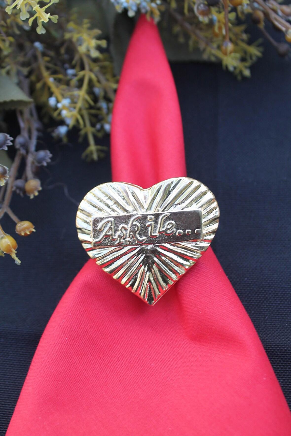 6 Adet Gold Aşk ile... Yazılı Kalp Metal Peçete Halkası - Napkin Ring