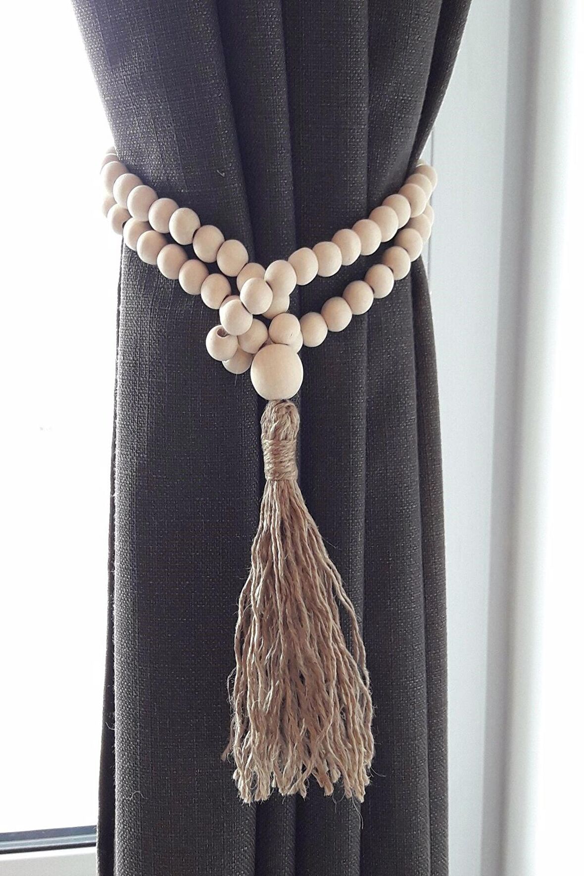 2 Adet Boho Wooden Naturel Ahşap Boncuklu Perde Süsü