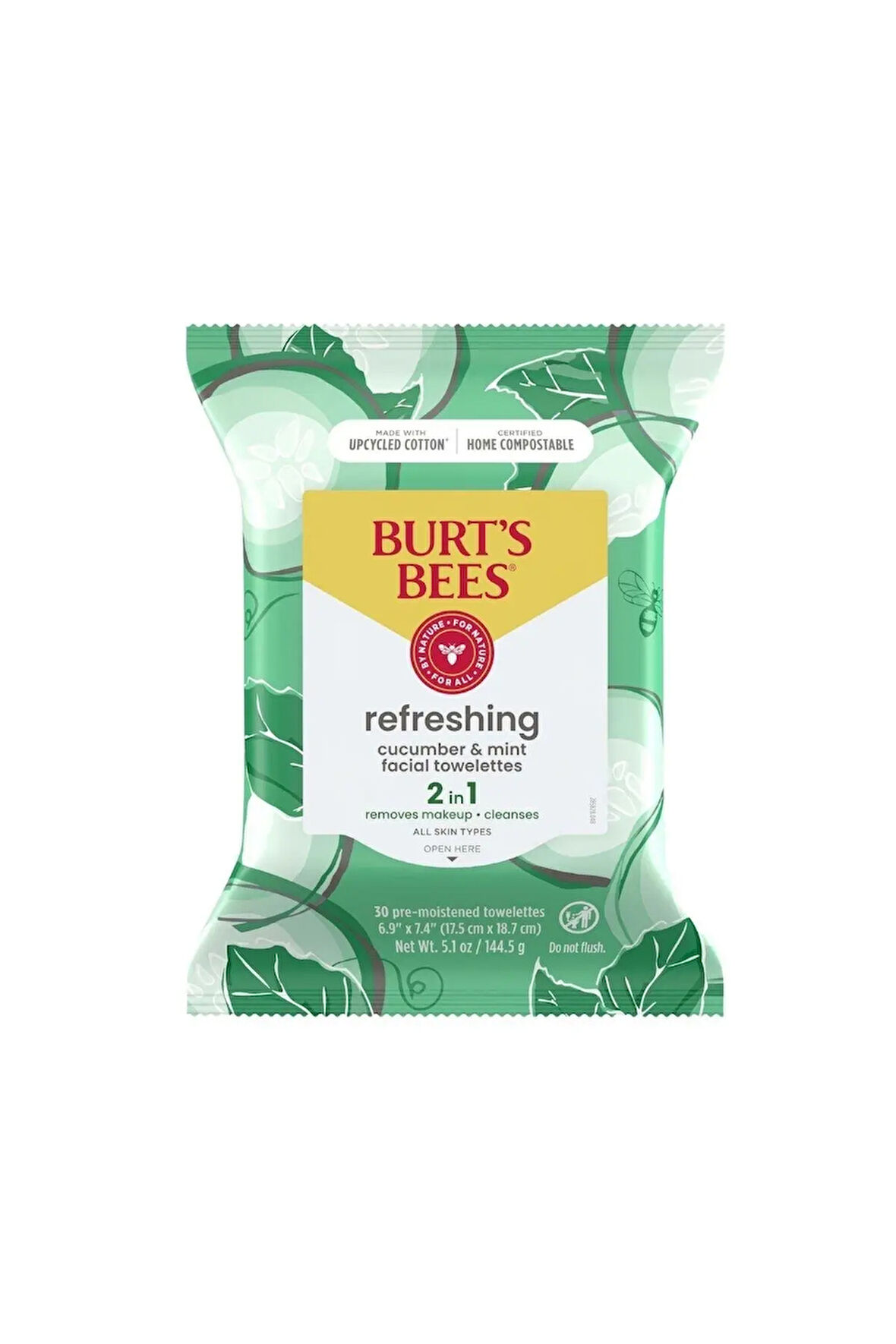 Burt's Bees Refreshing Facial Towelettes With Cucumber and Mint Salatalık ve Naneli (Tüm Cilt Tipleri İçin, %99 Doğal Kökenli) Yüz Temizleme Mendili 30 Adet 5.1 oz 144.5 gr