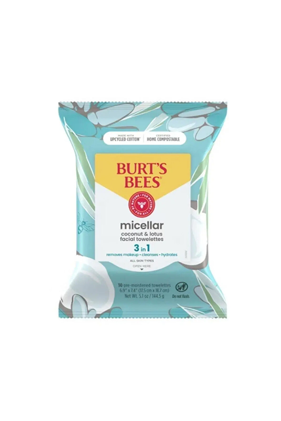 Burt's Bees Micellar Facial Towelettes With Coconut and Lotus Hindistan Cevizli ve Lotuslu (Tüm Cilt Tipleri İçin, %99 Doğal Kökenli) Yüz Temizleme Mendili 30 Adet 5.1oz 144.5 gr