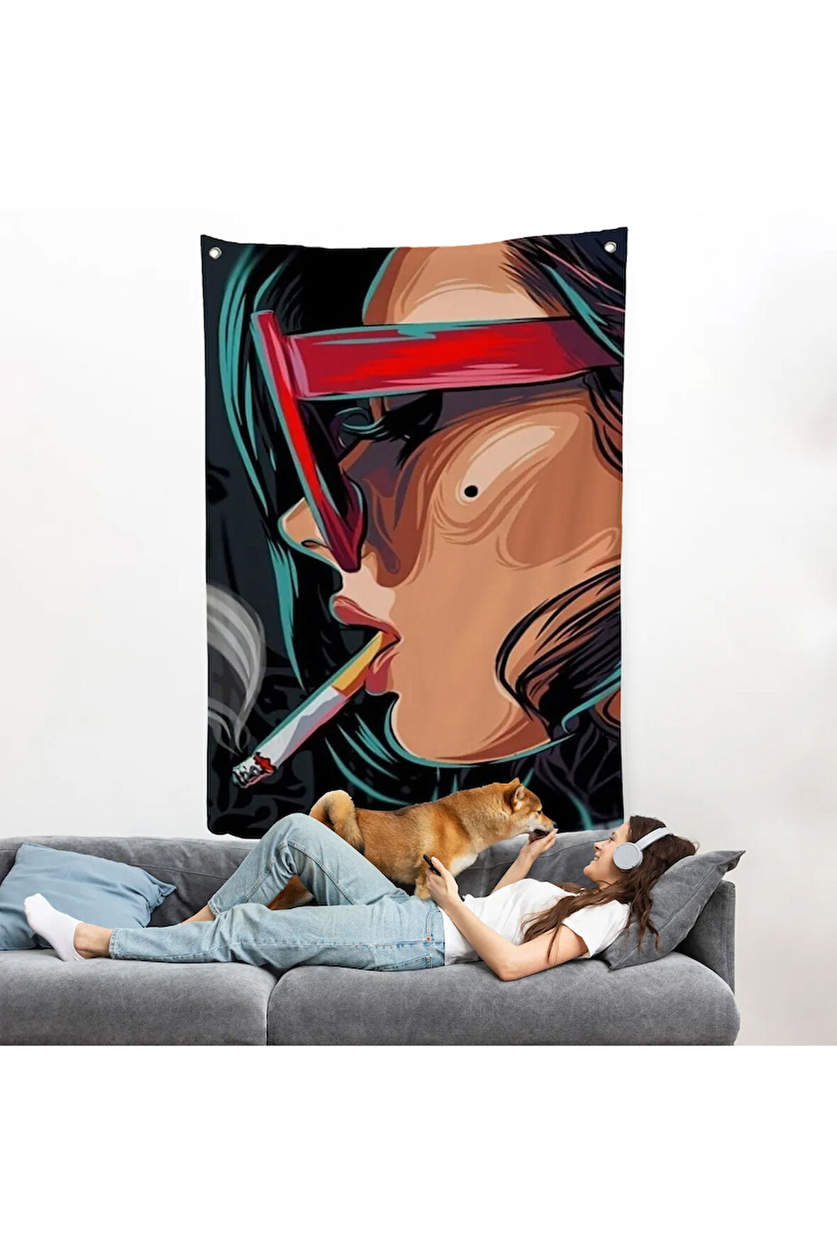 Sigara İçen Pop Art Kadın Duvar Örtüsü-7929