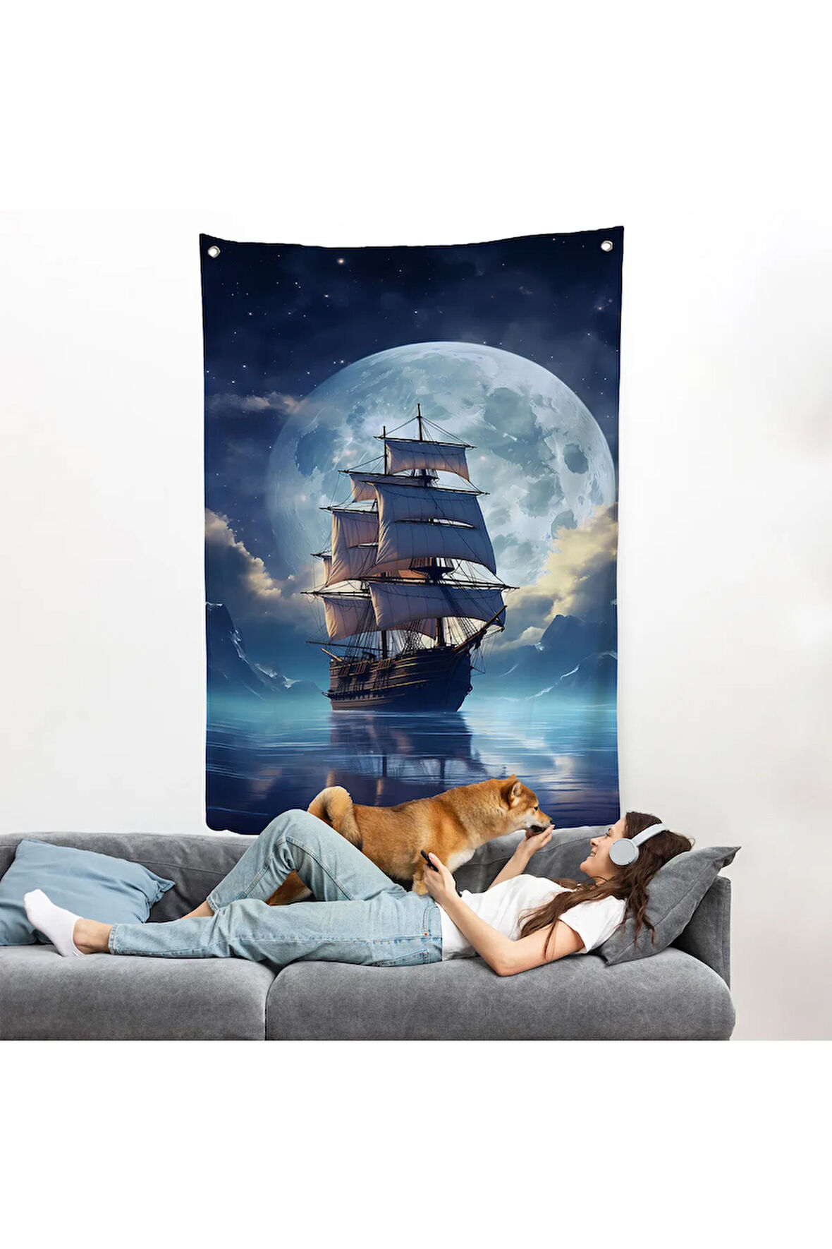 Gece Denizdeki Yelkenli Duvar Örtüsü-7933