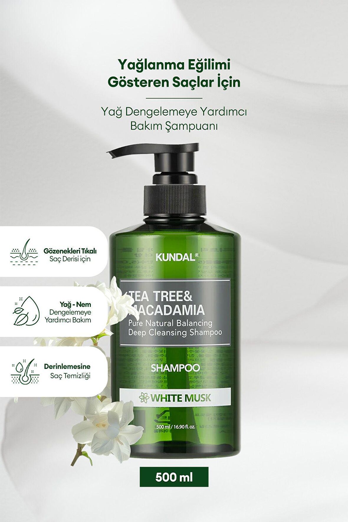 Yağlı Saçlara Özel Şampuan KUNDAL Tea Tree & Macadamia Deep Cleansing Shampoo 500 ml (White Musk)
