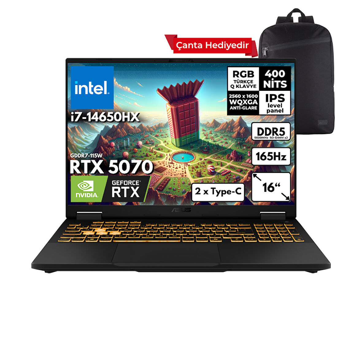 ASUS TUF Gaming F16 i7-14650HX 32-GBDDR5 1 TBSSD RTX5070 (8GB-GDDR7-115W) 16" 2.5K WQXGA 165Hz Freedos + Sırt Çantası FX608JPR-QT002HMF3