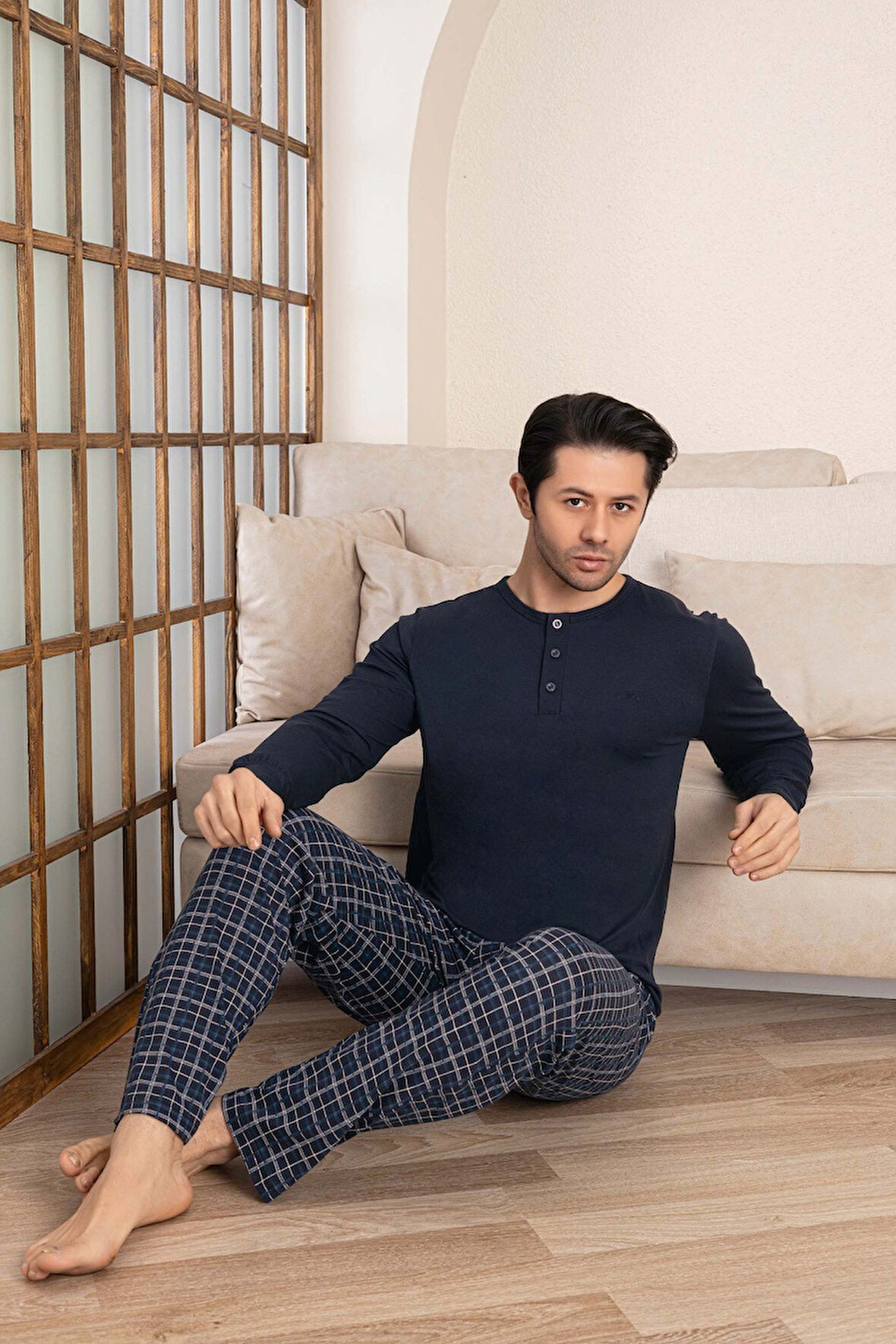 Erkek Ekose Desen 3 Düğmeli Bisiklet Yaka Bilek Manşetli Modal Mevsimlik Uzun Kol Cepli Pijama Takım