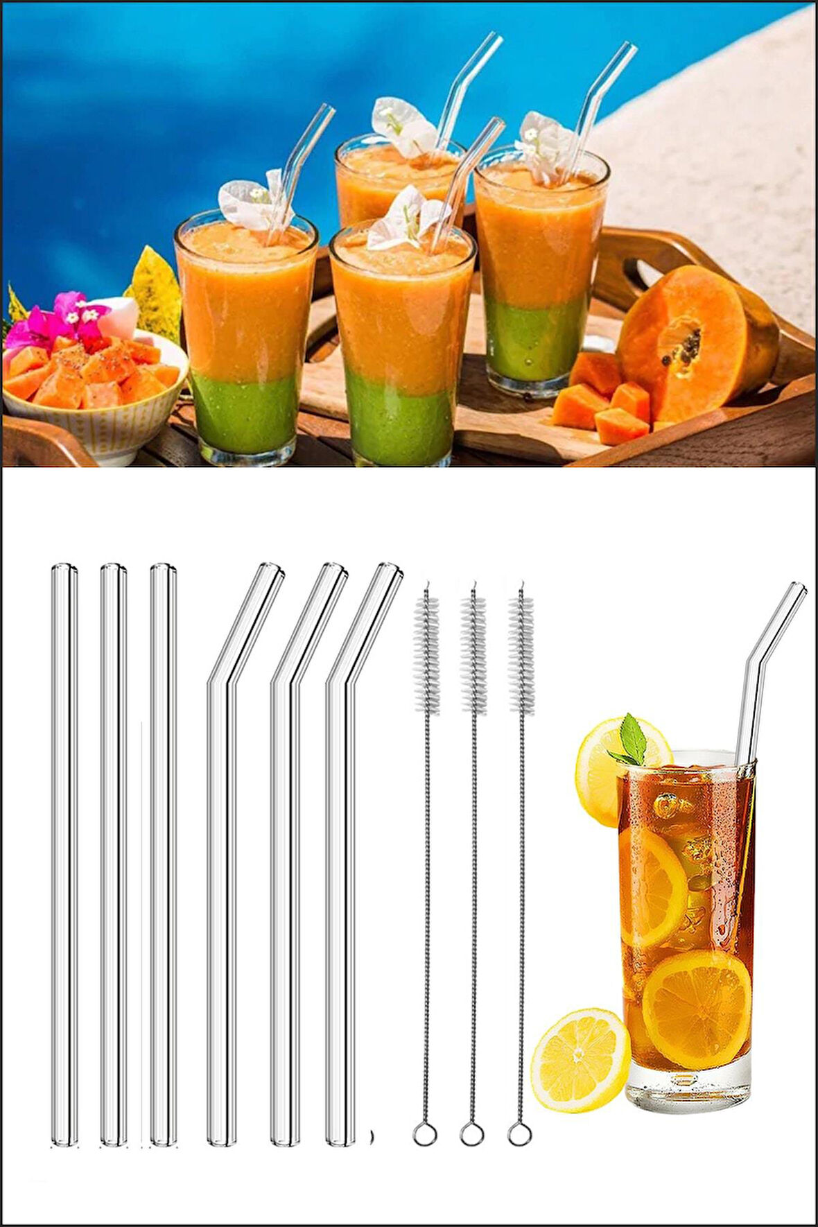 6 lı Cam Pipet + 3 adet Temizleme Fırçası 21cm