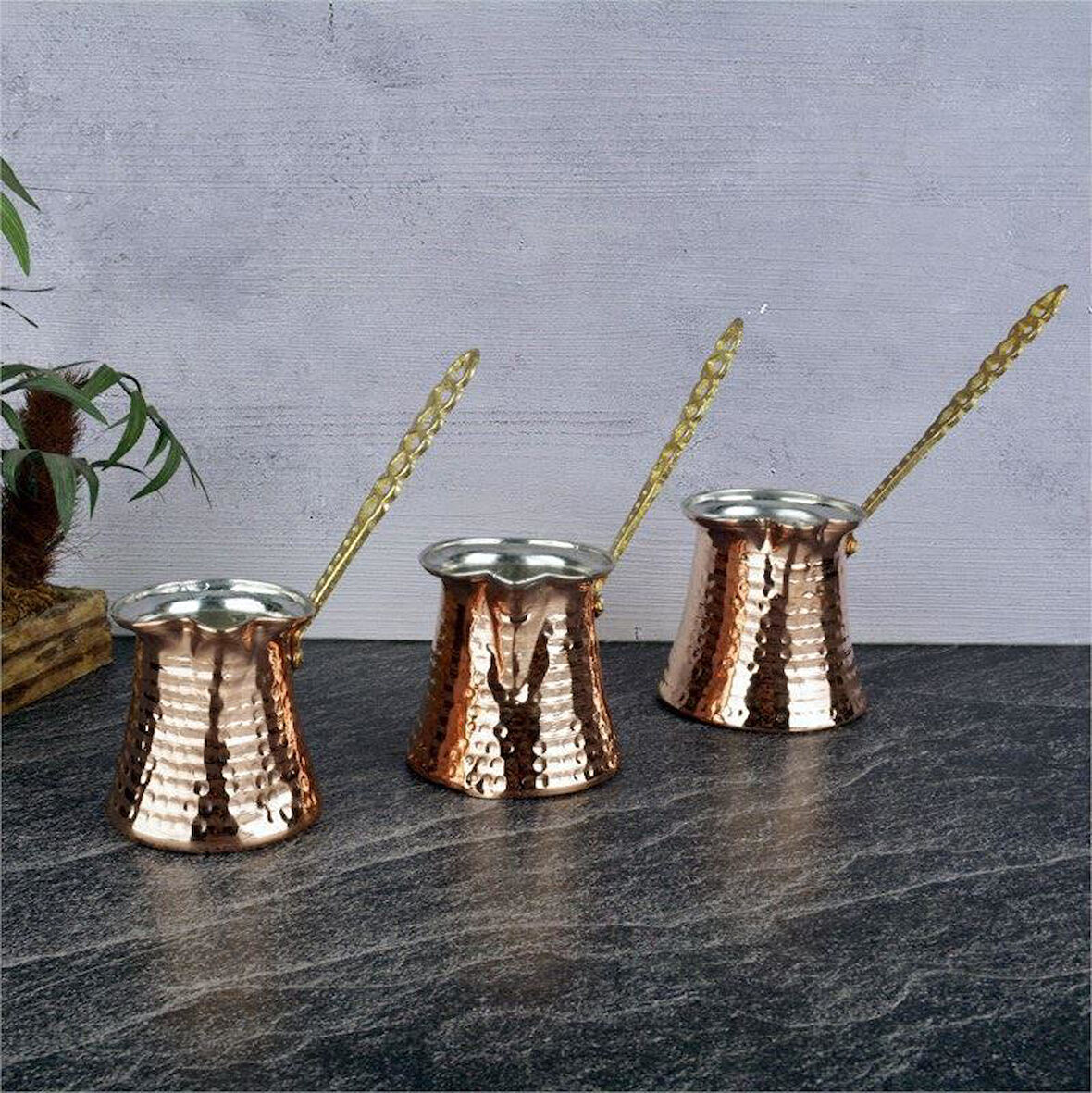 Dövme Bakır Cezve Seti 3 Lü Set 2-4-5 Kişilik Cezve Set