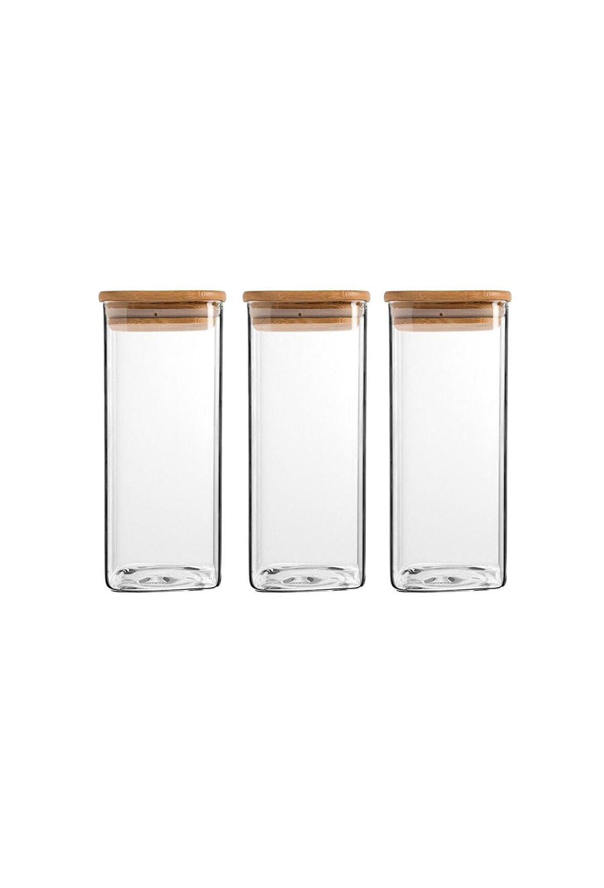 3 lü Bambu Kapak Lüks Cam Kavanoz Saklama Kabı Kare 6*6*20,5cm 500ml