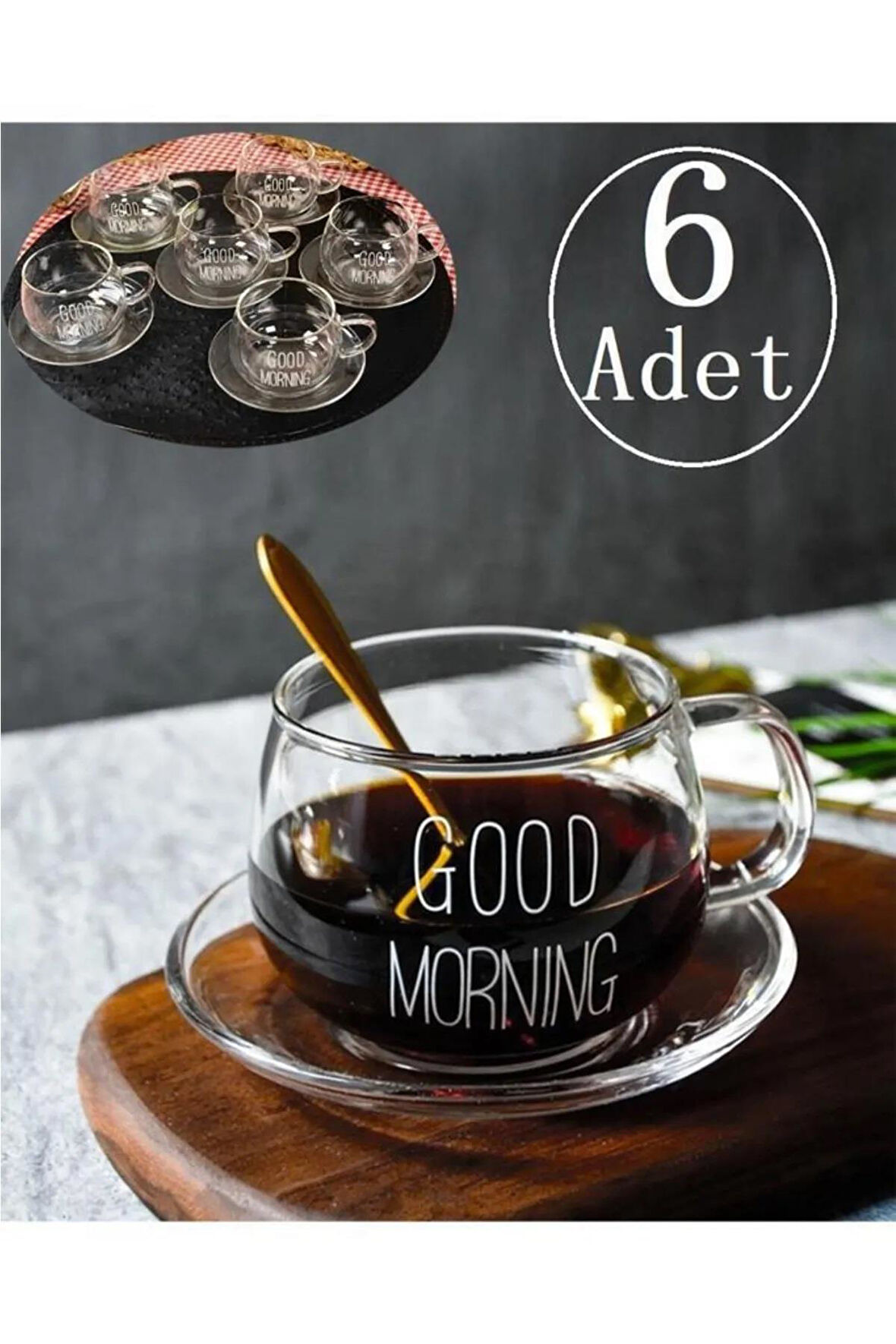 6 lı Good Morning Cam Kulplu Çay Bardağı Kulplu Çay Bardak 200ml