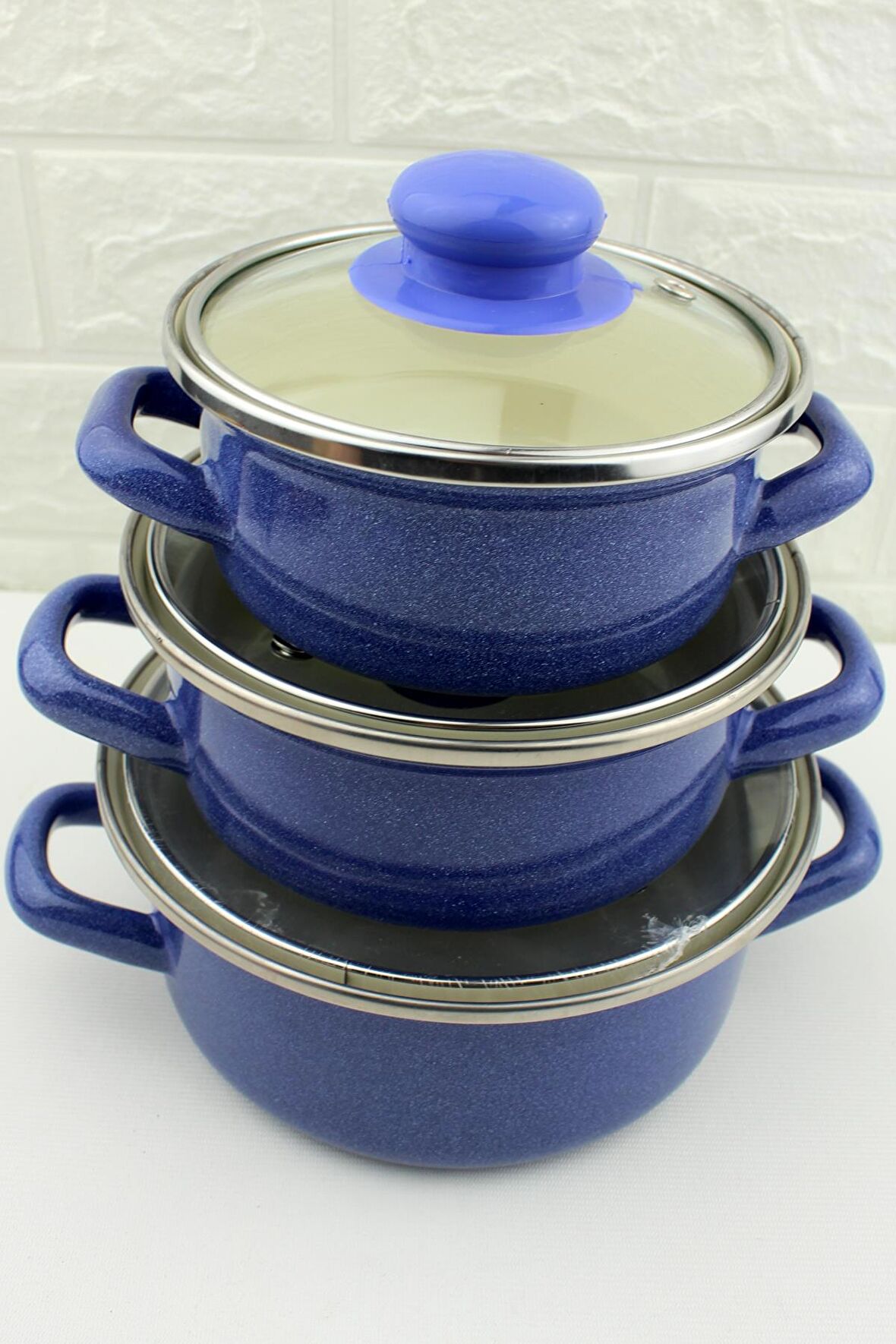 3 lü Lüks Emaye Mini Tencere Seti Lacivert 12/14/16cm 