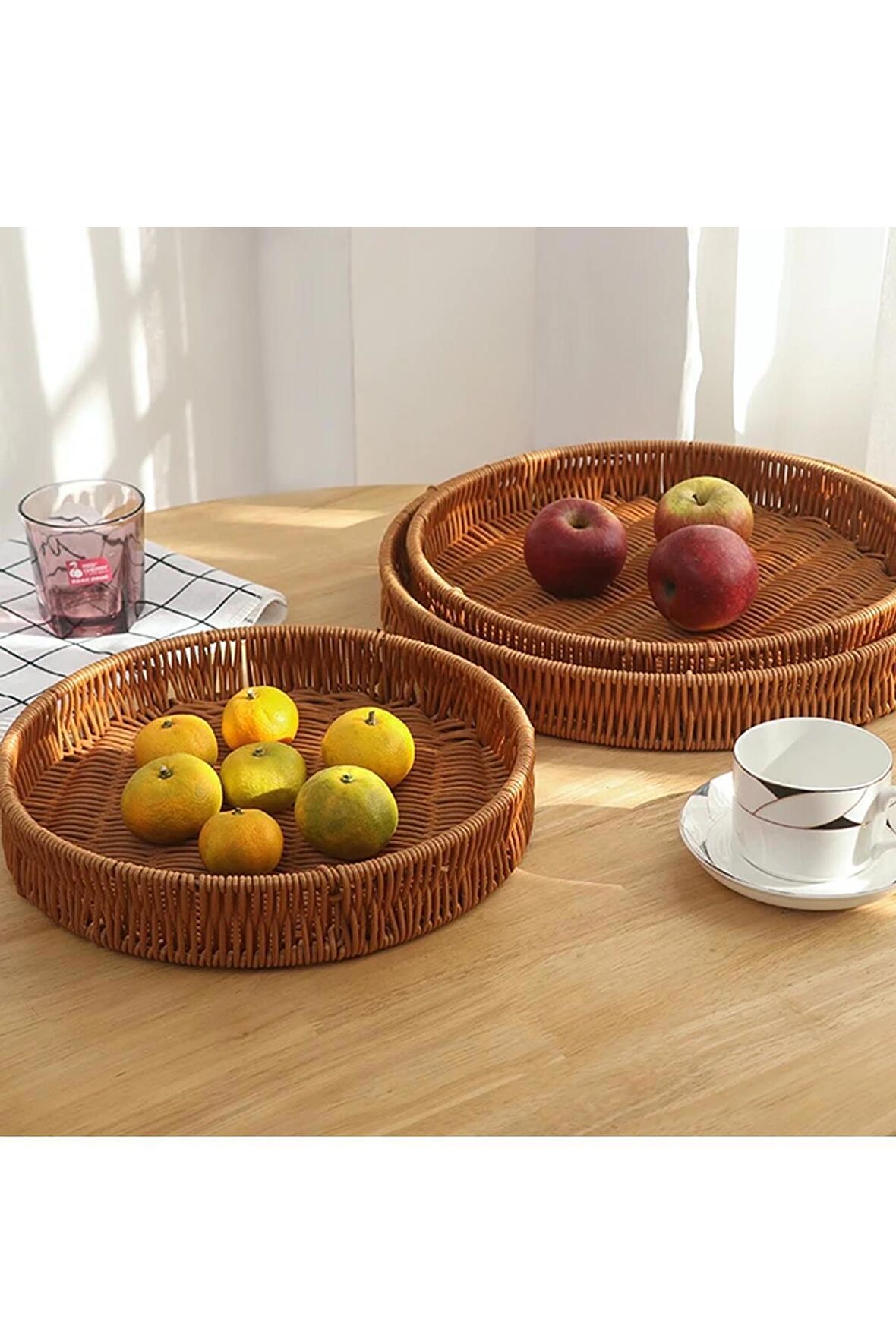 3 lü Rattan Tepsi Dekoratif Tepsi Hasır Örme Tepsi Yuvarlak Kahve