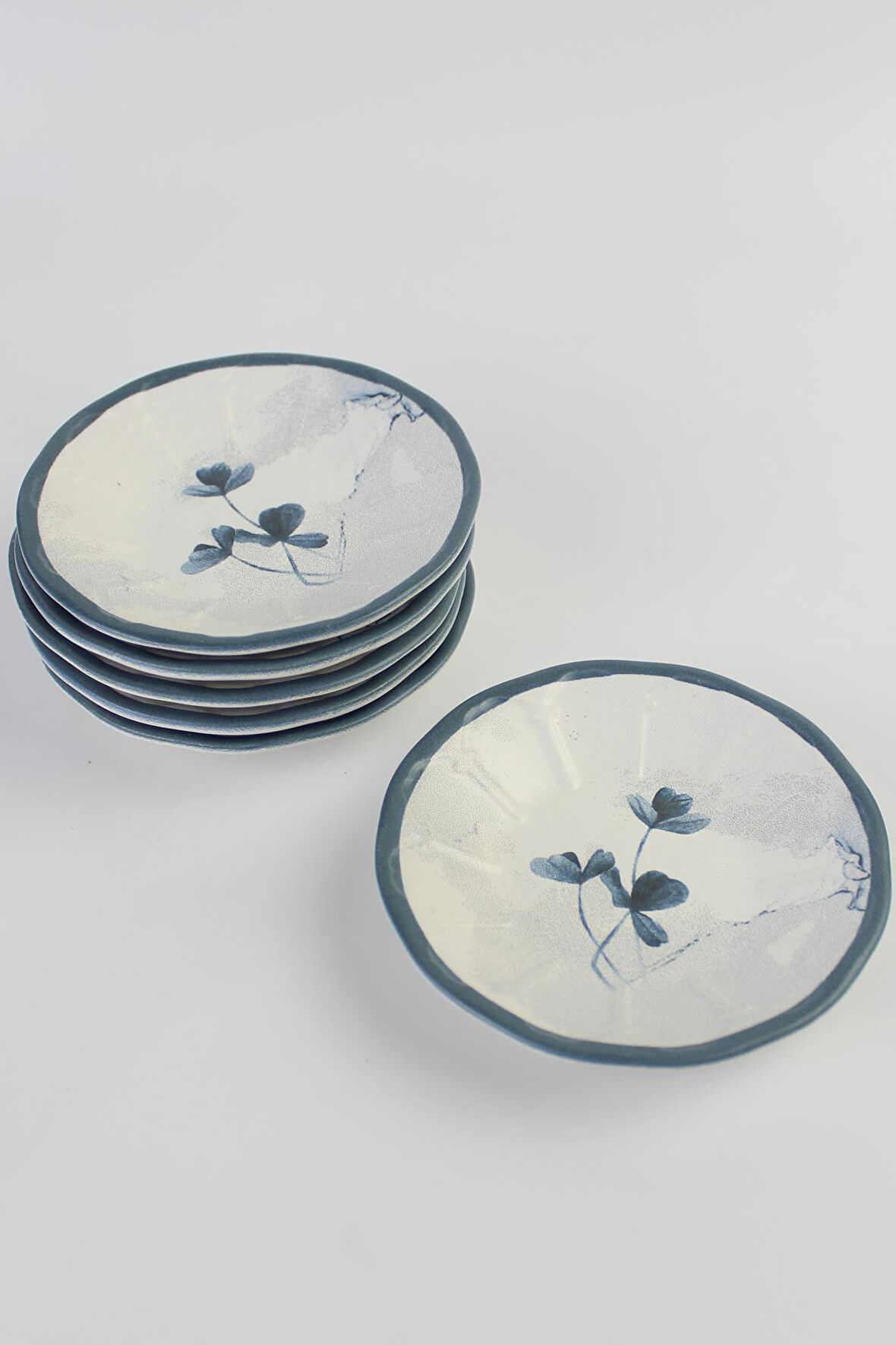 6 lı Seramik Çay Tabağı, Çay Tabak Açık Mavi Çiçek Çap 11cm Mod6
