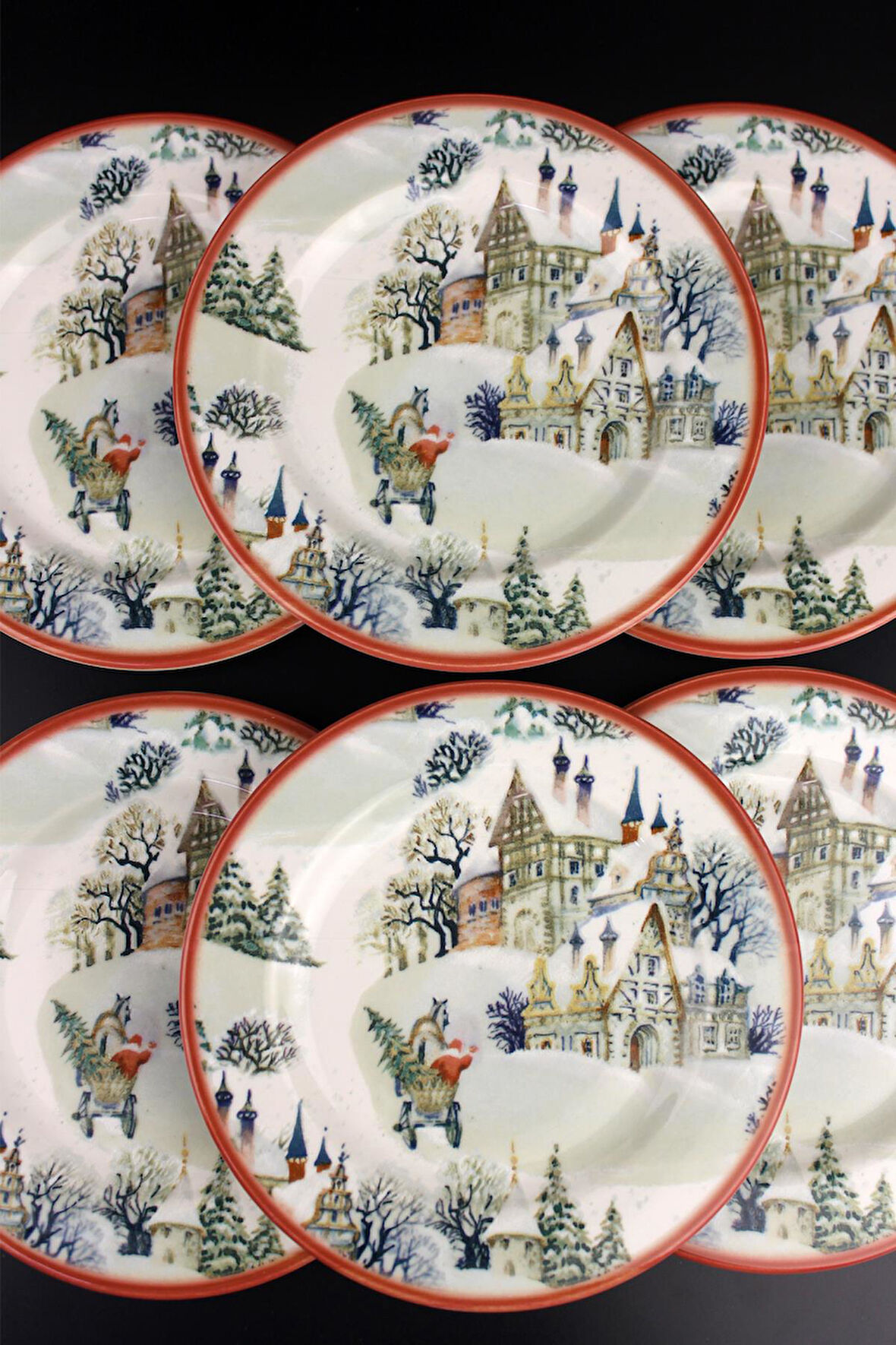 6'lı Yılbaşı Konsept Porselen 25cm Servis Pasta Tabak 1119 Snowy House