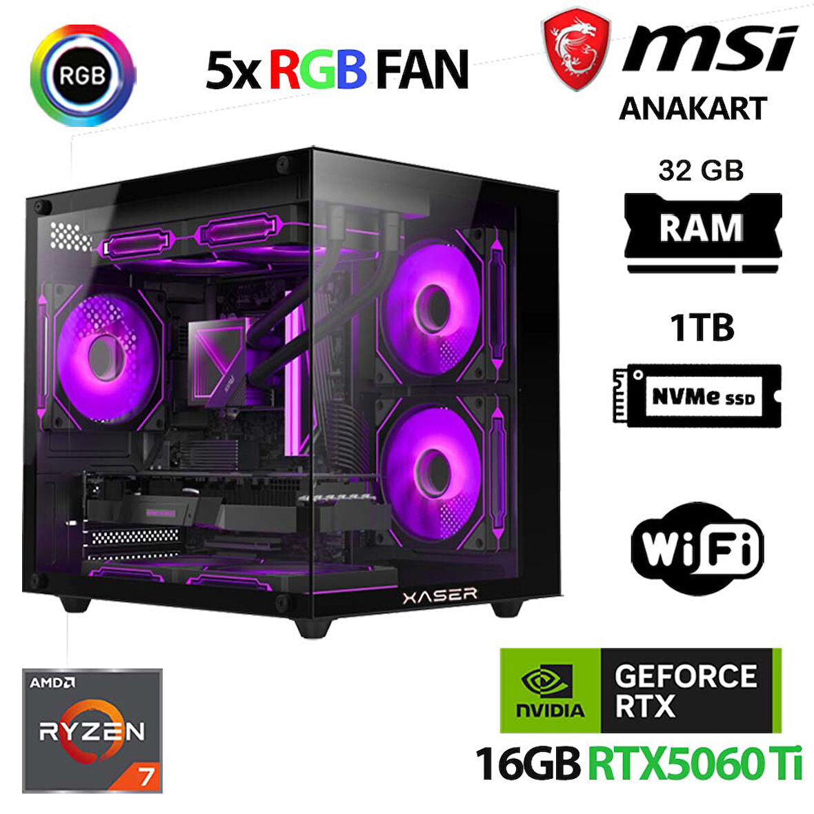 Xaser Cube X90 Ryzen 7 5700x 32GB Ram 1TB M.2 NVMe SSD 16GB RTX5060 Ti Masaüstü Oyuncu Bilgisayarı