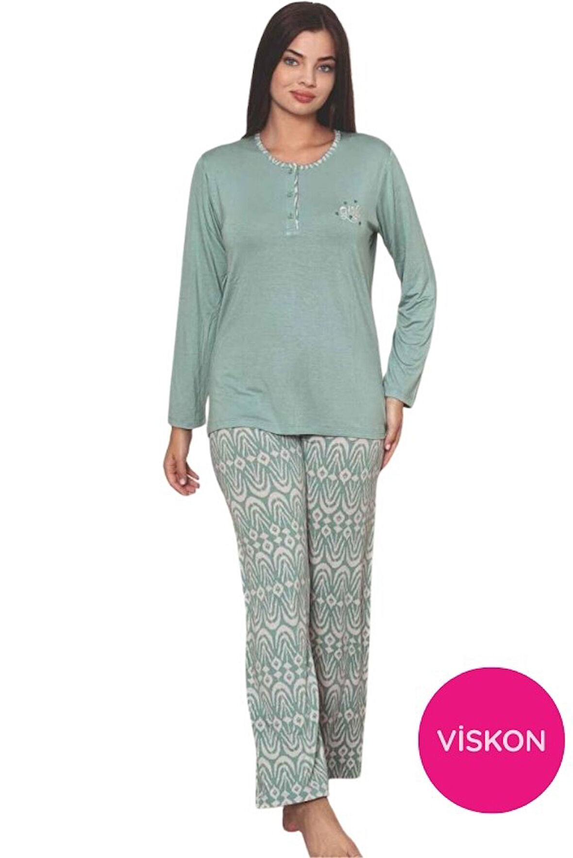 Kadın Etnik Desenli 3 Düğmeli Likralı Viskon Mevsimlik Uzun Kol Pijama Takımı