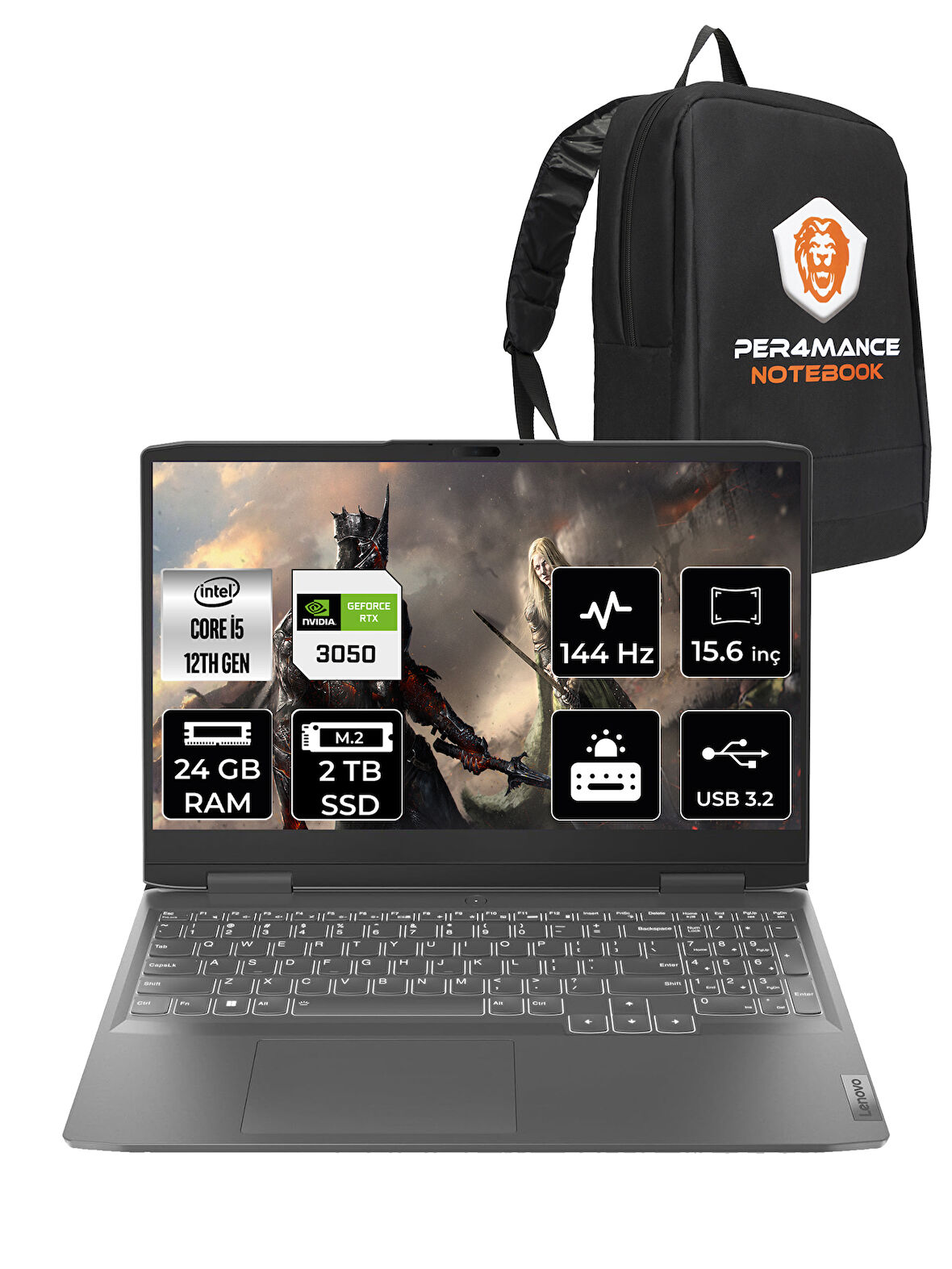 Lenovo LOQ  i5-12450H 24GB 2TB SSD RTX3050/6GB 15.6" FHD 144Hz FDOS 82XV00WYTX & PER4 ÇANTA