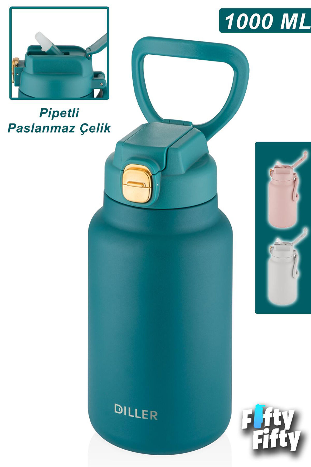 Vagonlife DILLER 1000ml Pipetli Taşıma Kulplu Çelik Matara 6 saat sıcak/soğuk tutma süresi 4 farklı renk