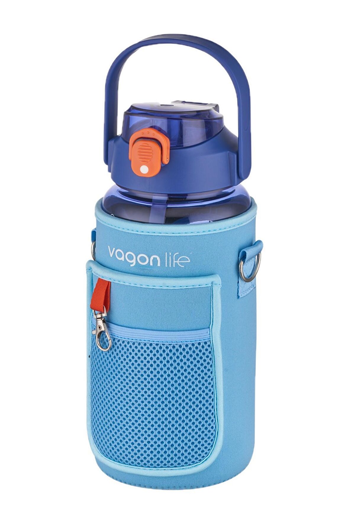Vagonlife Kılıflı ((Telefon Koyma Yeri)) Taşıma Askılı 1500 ml Pipetli/Pipetsiz Kullanım Su Matarası