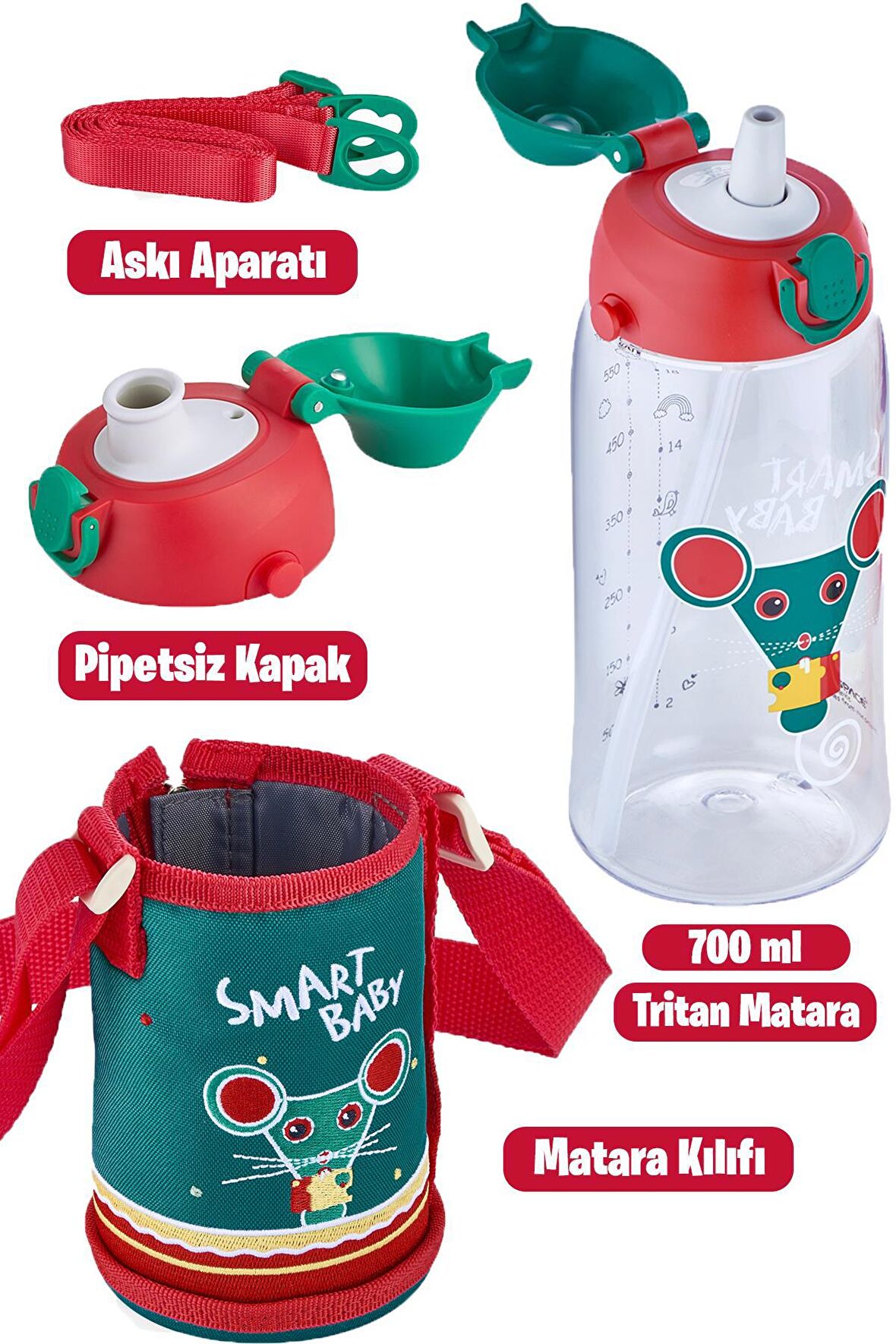 Uzspace 700 ml Kılıflı 2 Ayrı Kapaklı Pipetli/Pipetsiz Tritan Çocuk Su Matarası