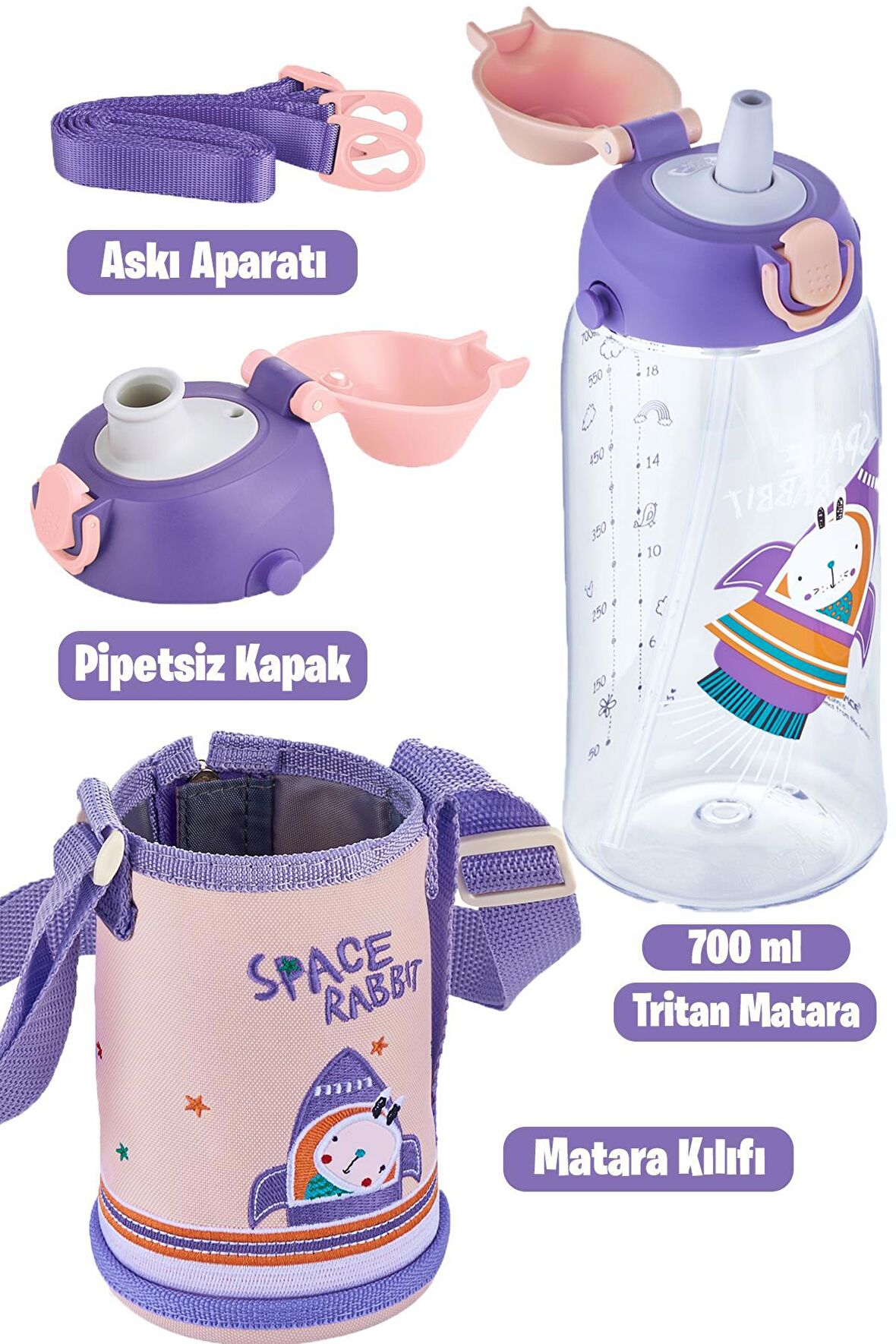 Uzspace 700 ml Kılıflı 2 Ayrı Kapaklı Pipetli/Pipetsiz Tritan Çocuk Su Matarası