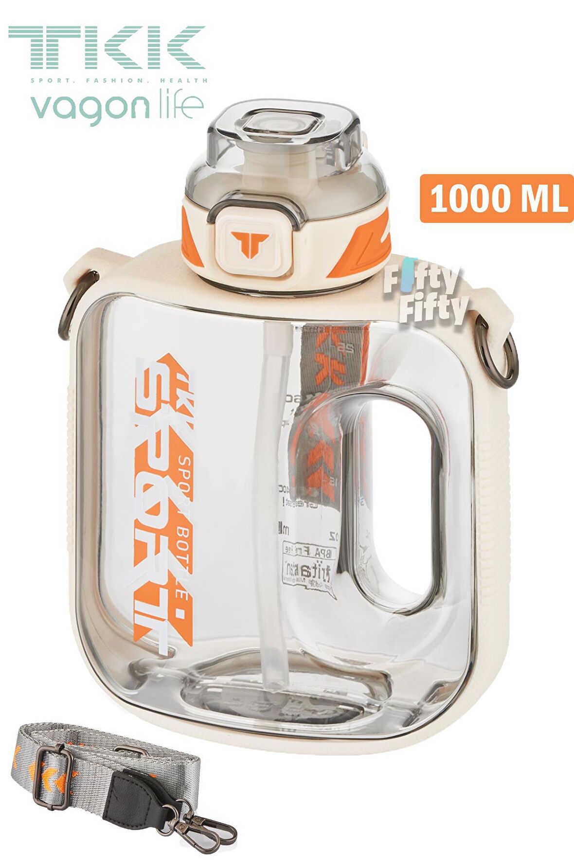 TKK 1000 ML Çift Kullanım Pipetli/Rahat içim Bpa İçermeyen Askılı Tritan Su Matarası FFTKK1022-1000