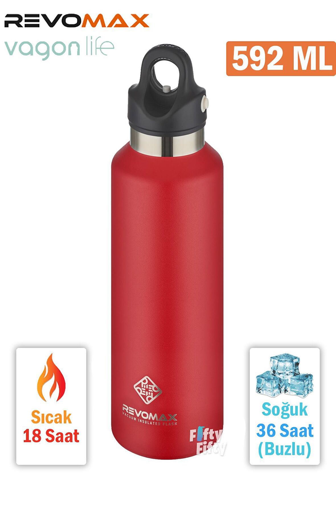 Revomax 592 ML Büyük Kapasiteli Özel Kapak Sistemli 18saat Sıcak/36 Saat Soğuk  Çelik Termos -592ML 