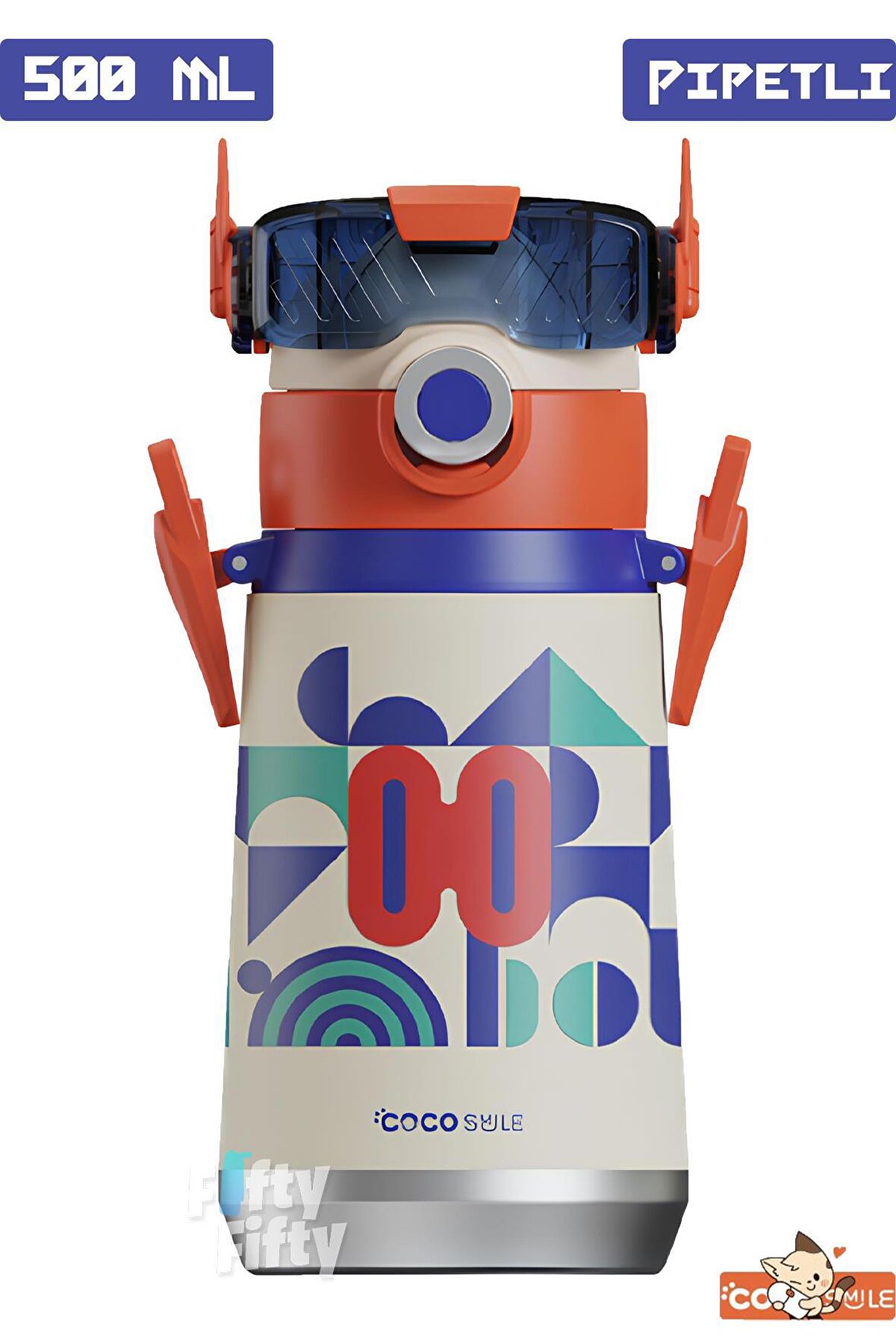 CocoSmile Özel Kutulu 500 ML Pipetli Çelik Termos -Boyun Askılı- 4 Farklı Robot Modeli  cs0001