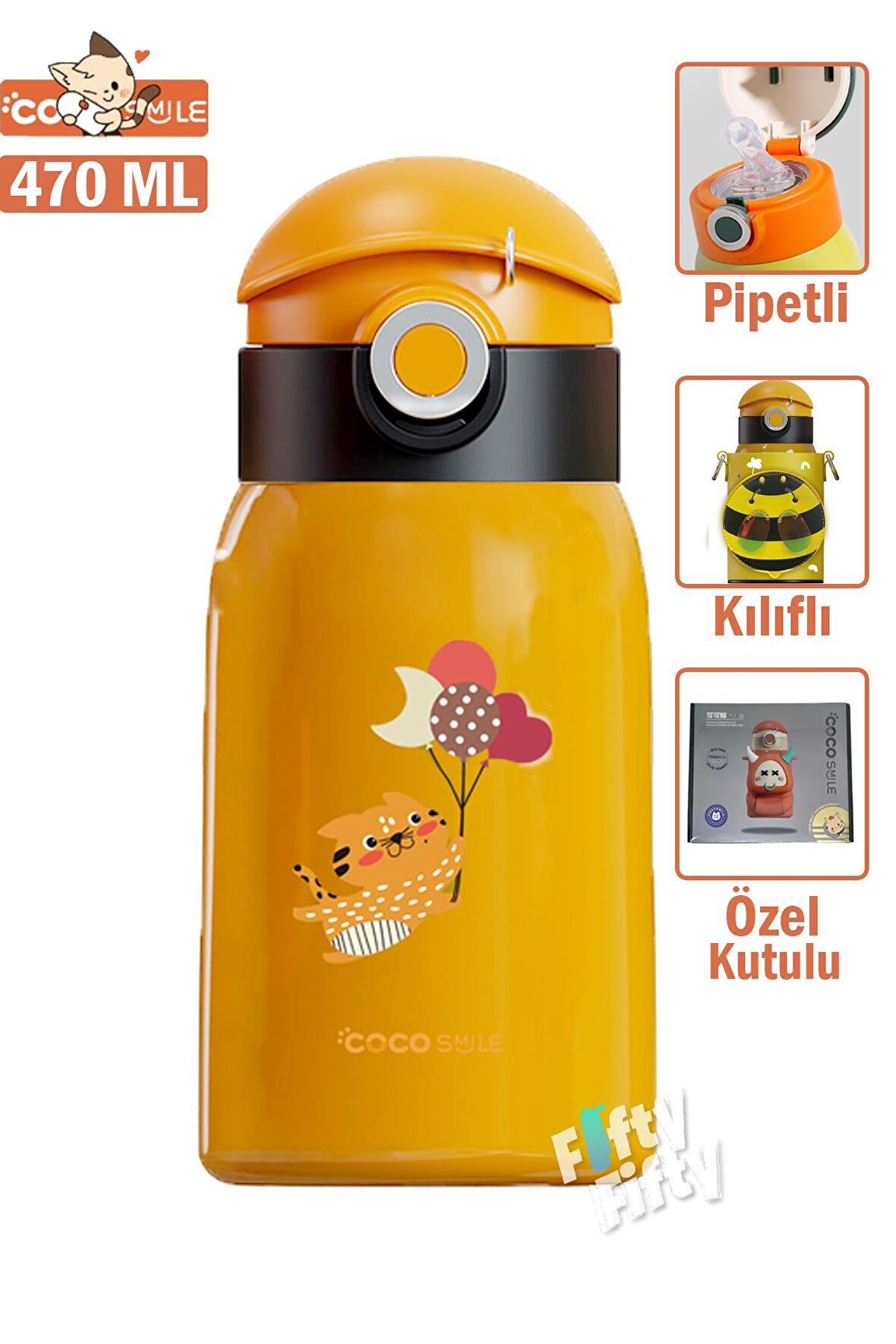 CocoSmile Özel Kutulu Kılıflı 470 ML Pipetli Çelik Termos -Boyun Askılı- 4 Farklı Model  csKılıflı