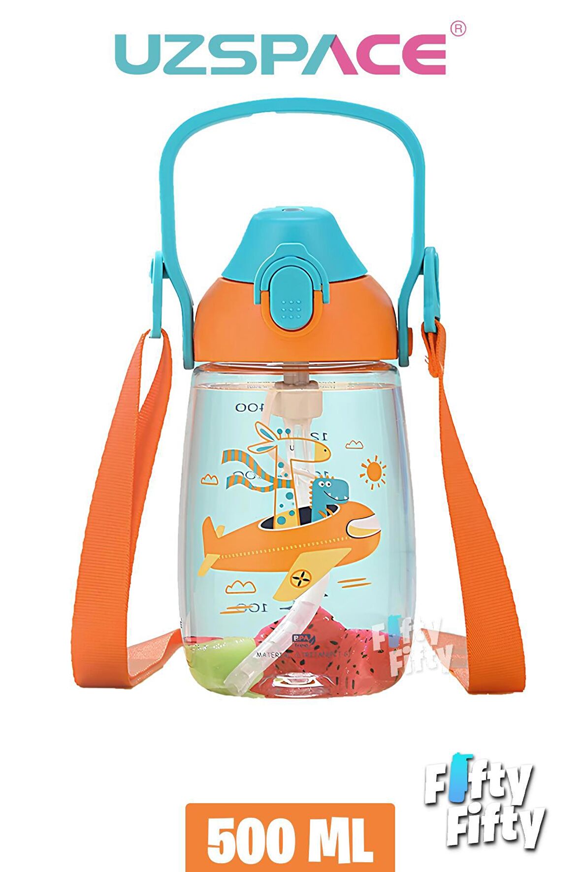 Uzspace Pipetli 500 Ml Boyun Askılı Tritan Çocuk Su Matarası -Kutulu- FFUZ2201500