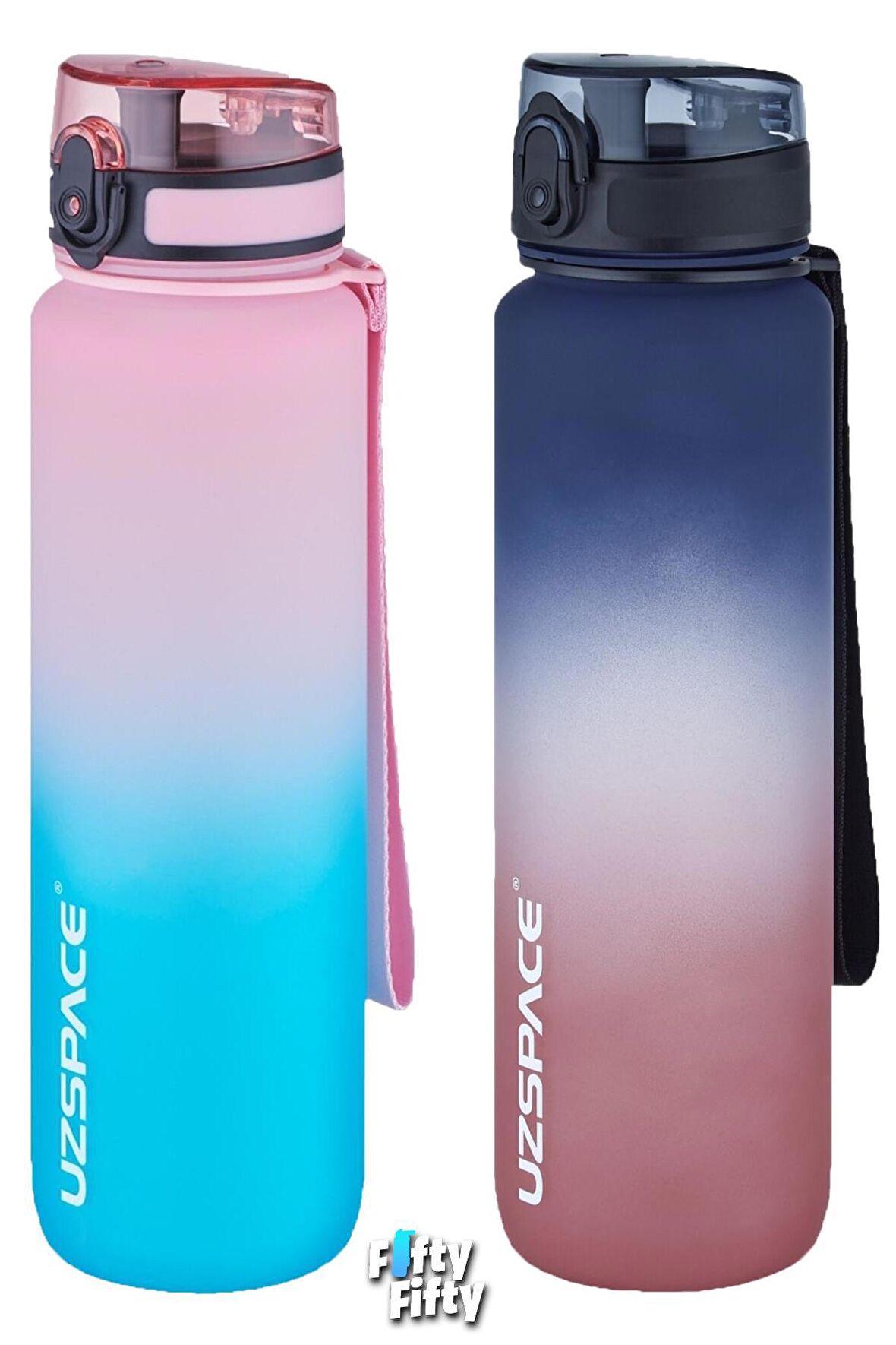 Uzspace 2'li Tritan Matara Seti 1000ml BÜYÜK BOY Çift Renk Softtouch FF Collection Tritan Su Matarası