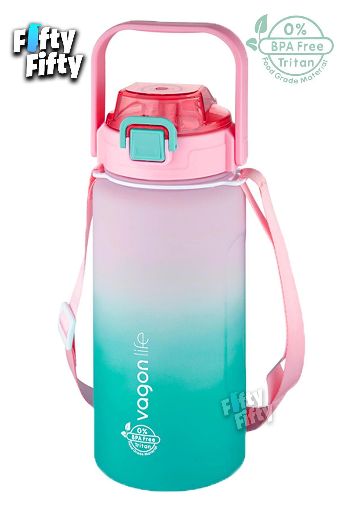 Vagonlife Tritan 1500ml Askılı-Pipetli/Pipetsiz Kullanım Çift Renk SoftTouch Motivasyon Matarası Çıkartma Hediyeli