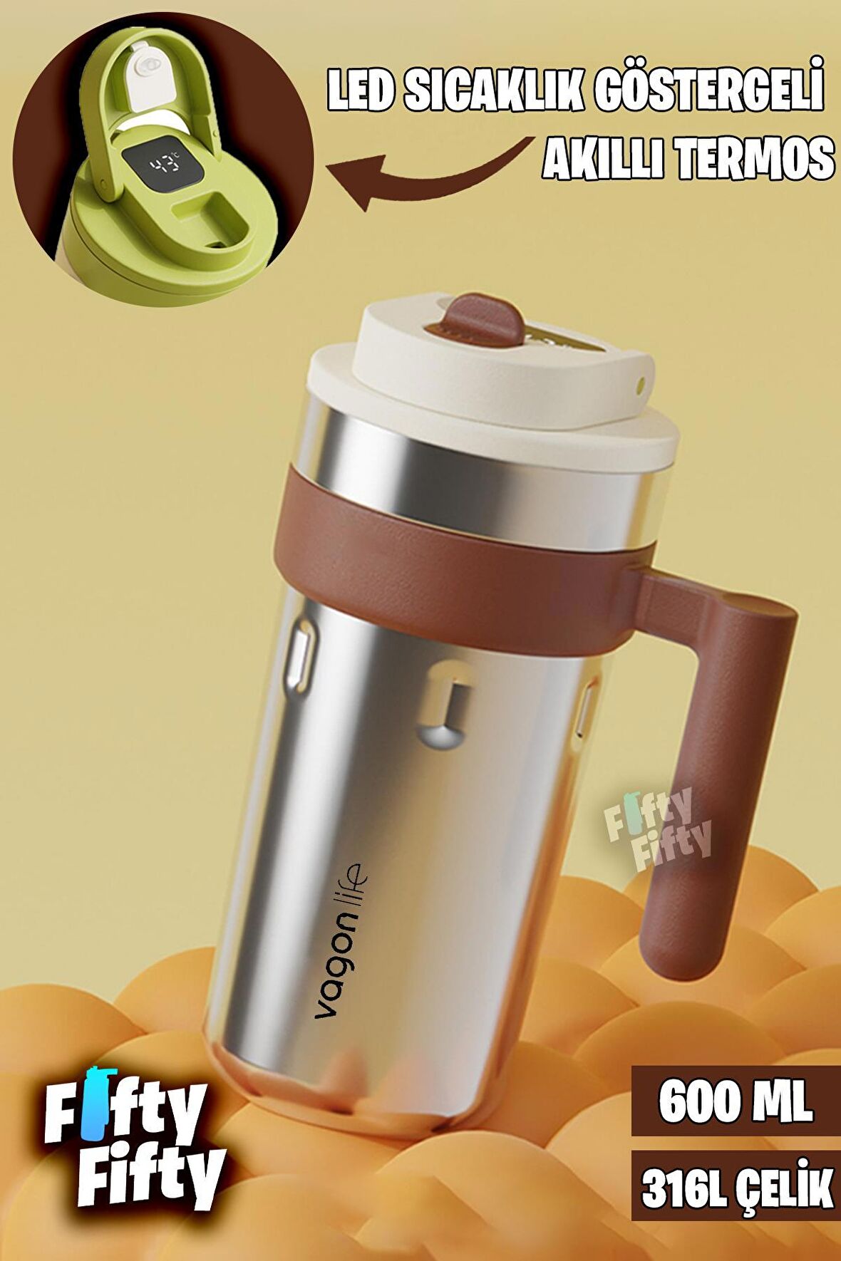 Vagonlife 600 ML LED Sıcaklık Göstergeli Akıllı Çelik Termos Kulplu -Kahve Bardağı-Mug-FFVGN2009