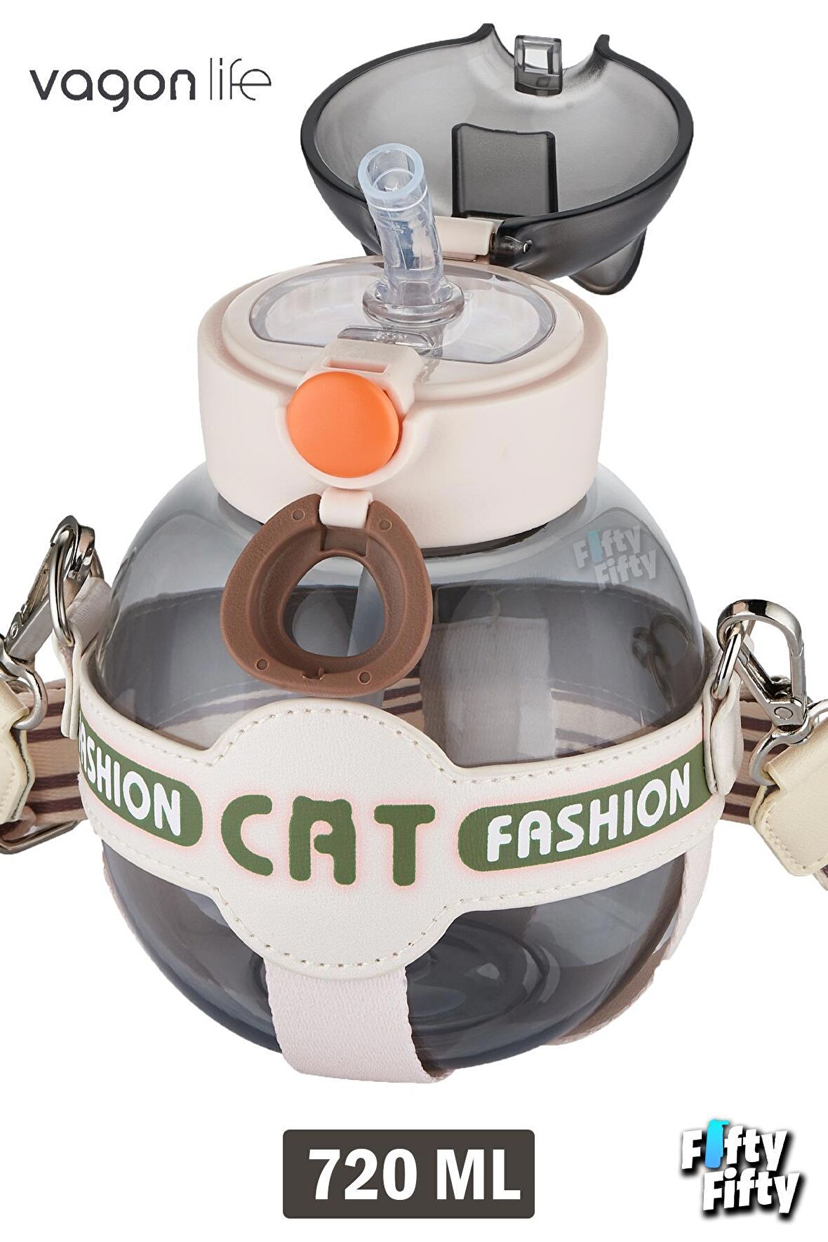 Vagonlife Pipetli 720 ML Boyun Askılı Çocuk Su Matarası -Cat Fashion-FFVGN2031-720ML