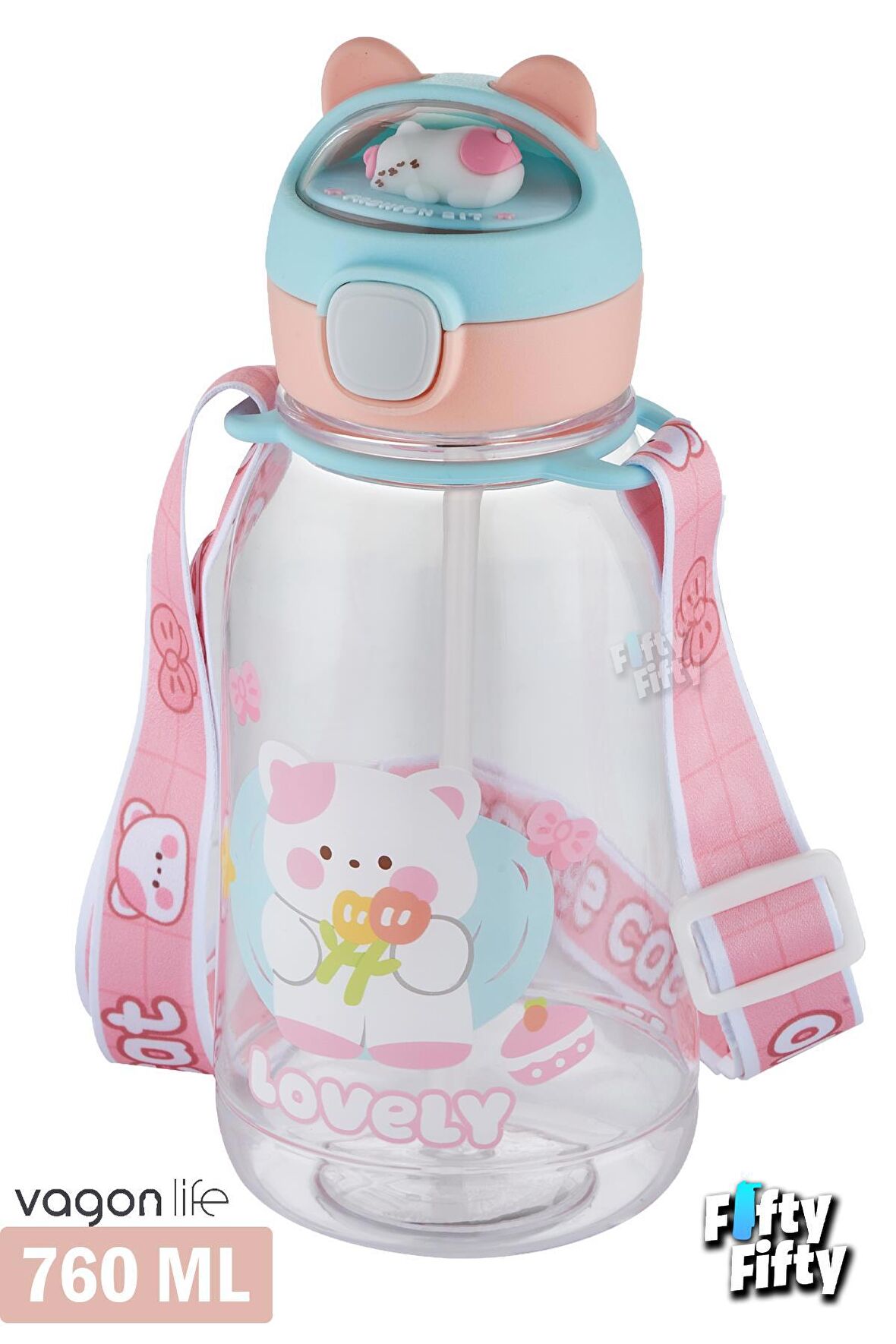 Vagonlife Pipetli 760 ML Boyun Askılı Çocuk Su Matarası 3D Hayvan Figürlü-FFVGN2021-760ML