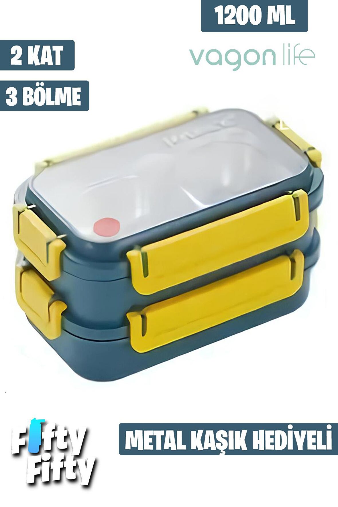 Vagonlife Lunch Box 1200 ML İki Kat Üç Bölme Paslanmaz Çelik-Metal Kaşıklı-FFLBOX2215