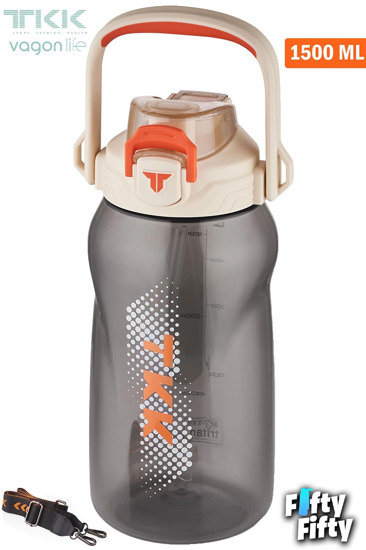 TKK 1500 ML Tek Kapak Çift Kullanım Pipetli/Rahat İçim Tritan Su Matarası-FFTKK1027-1500ML