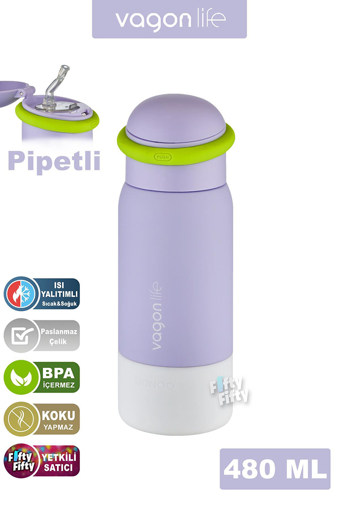 Vagonlife 480 ML Çocuk Pipetli Paslanmaz Çelik Termos/Su Matarası-FFVGN1006-480ML