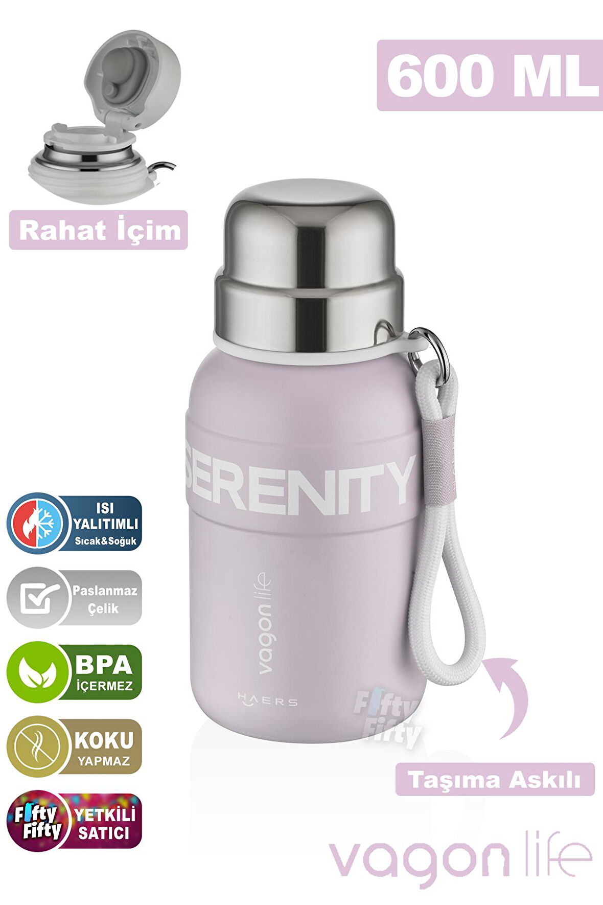 Vagonlife 600 ML Paslanmaz Çelik Termos/Su Matarası Rahat İçim-Taşıma Askılı-FF1005-600ml