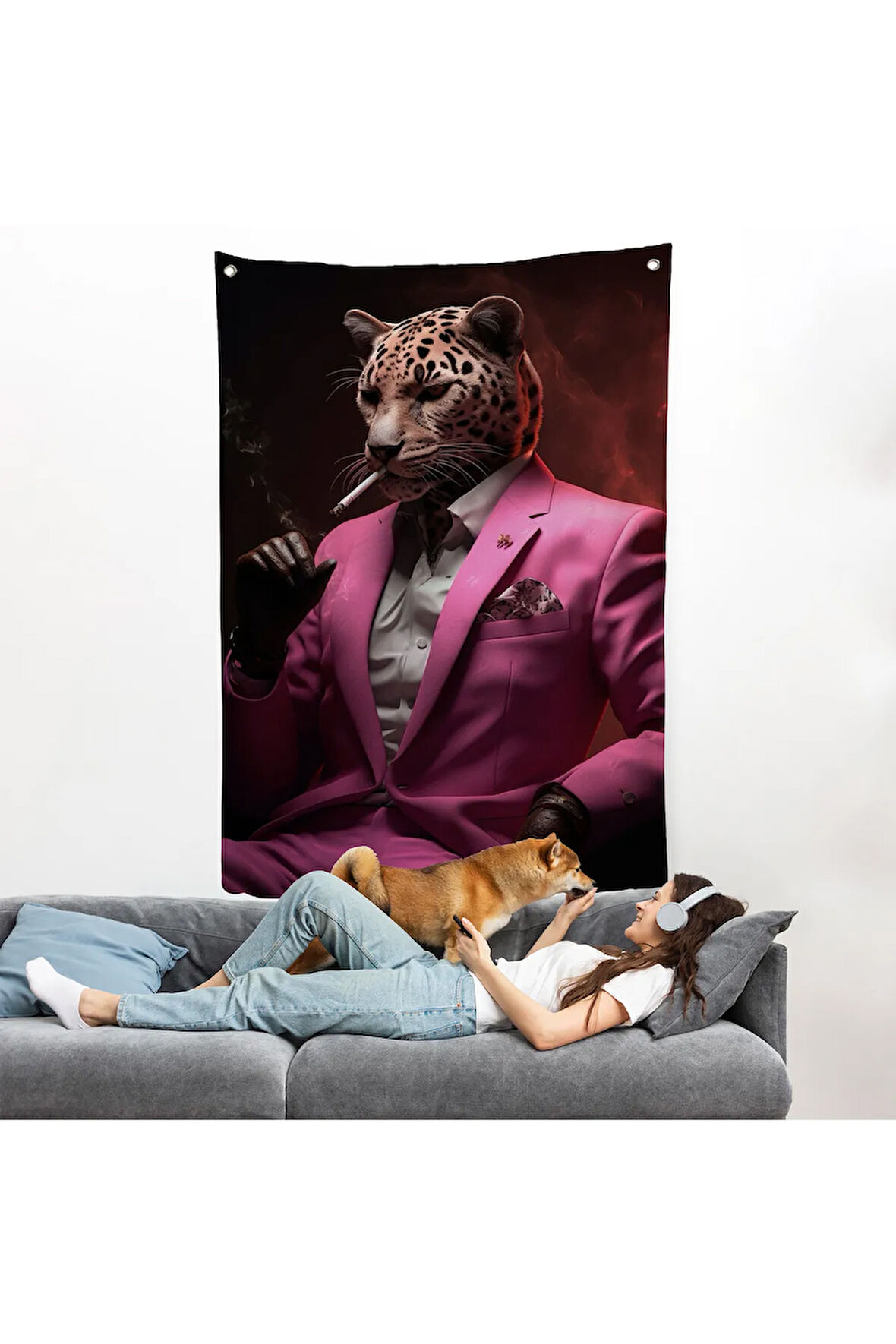 Sigara İçen Pembe Leopar Duvar Örtüsü-7974