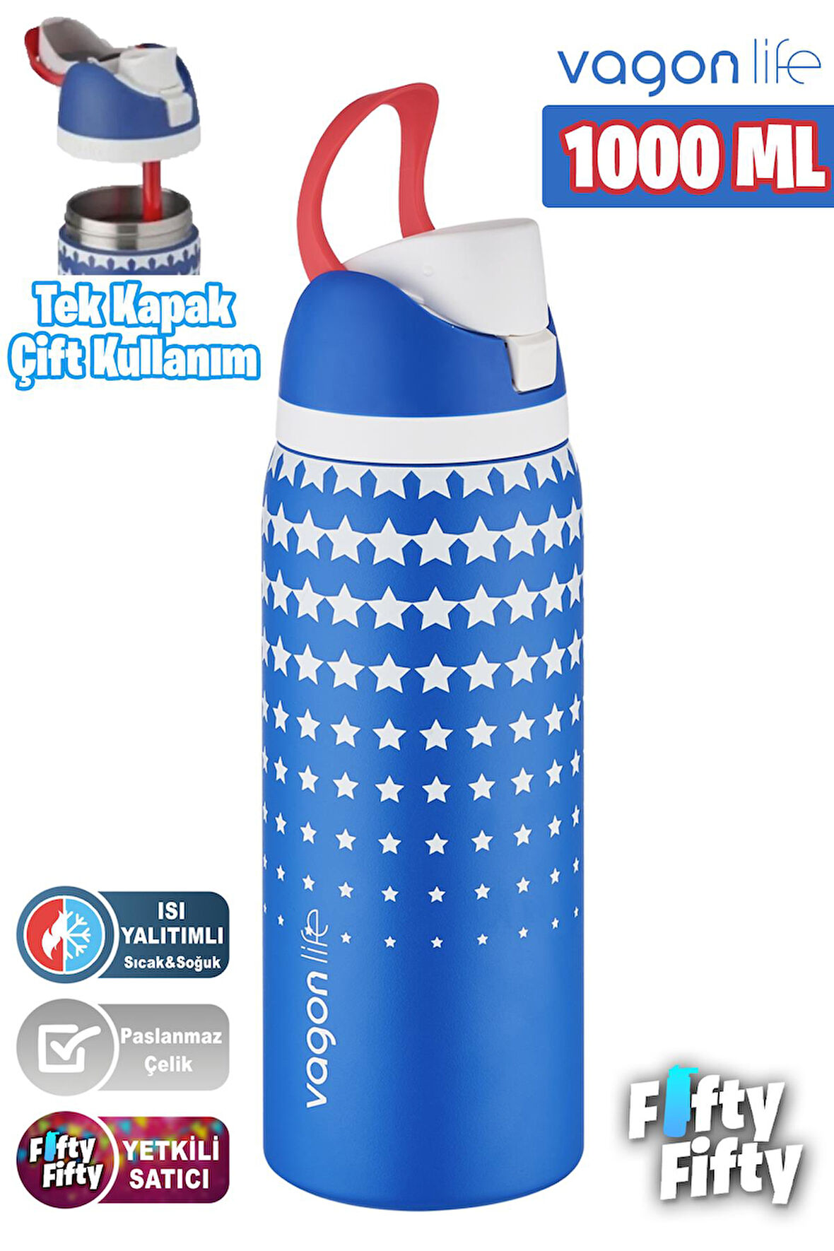 Vagonlife 1000 ML Tek Kapak Çift Kullanım Pipetli/Pipetsiz Taşıma Kulplu Çelik Termos -FFVGN045ML1000Desenli