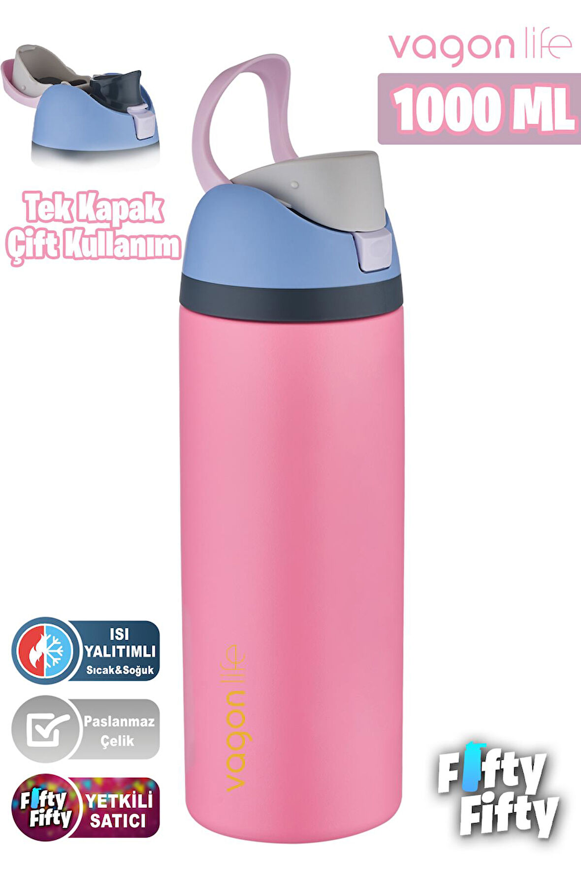 Vagonlife 1000 ML Tek Kapak Çift Kullanım Pipetli/Pipetsiz Taşıma Kulplu Çelik Termos -FFVGN045ML10003RENK