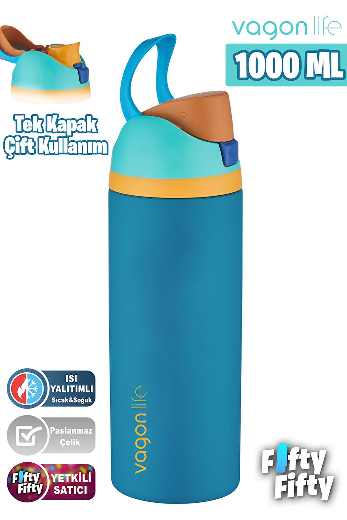 Vagonlife 1000 ML Tek Kapak Çift Kullanım Pipetli/Pipetsiz Taşıma Kulplu Çelik Termos -FFVGN045ML10003RENK
