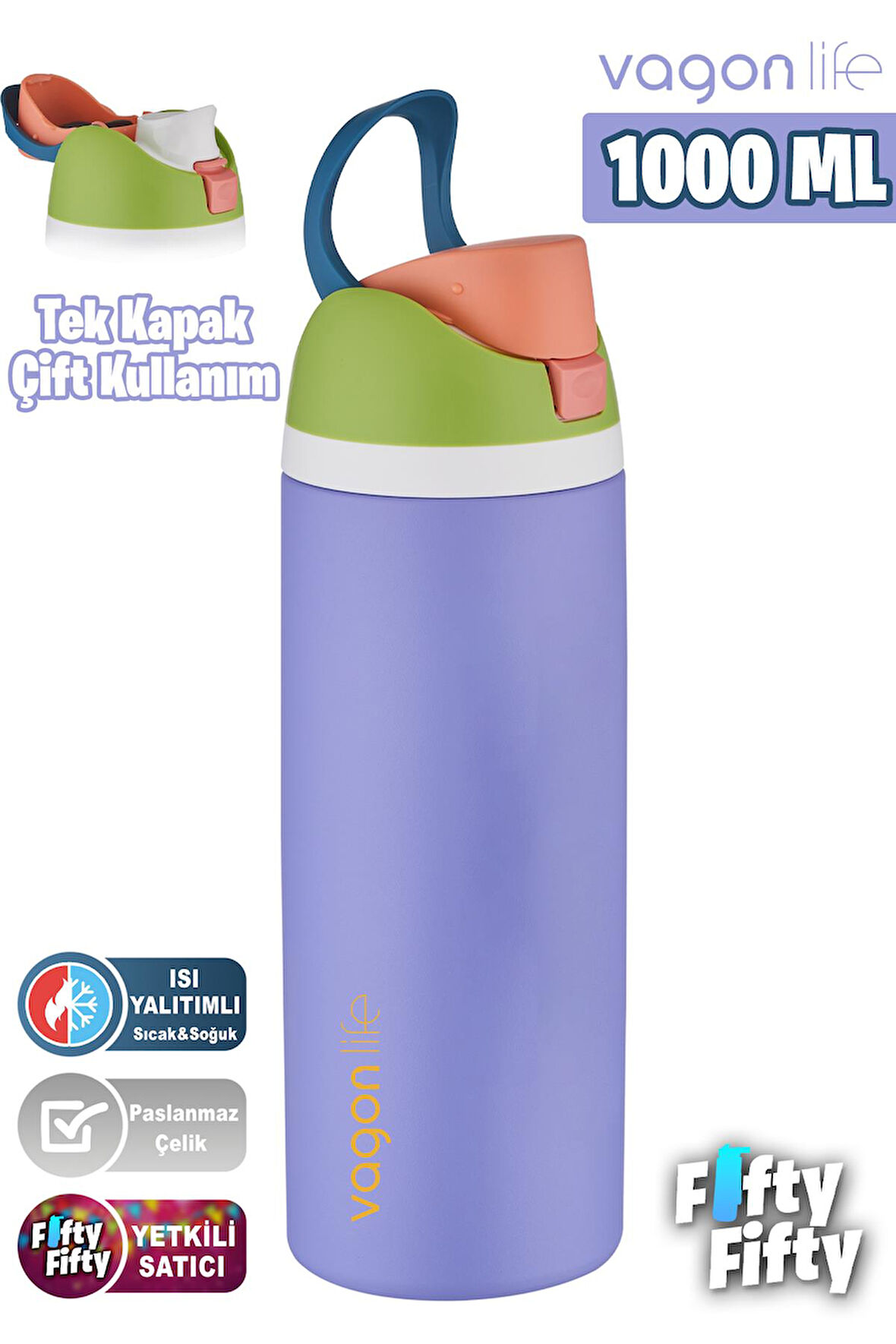 Vagonlife 1000 ML Tek Kapak Çift Kullanım Pipetli/Pipetsiz Taşıma Kulplu Çelik Termos -FFVGN045ML10003RENK