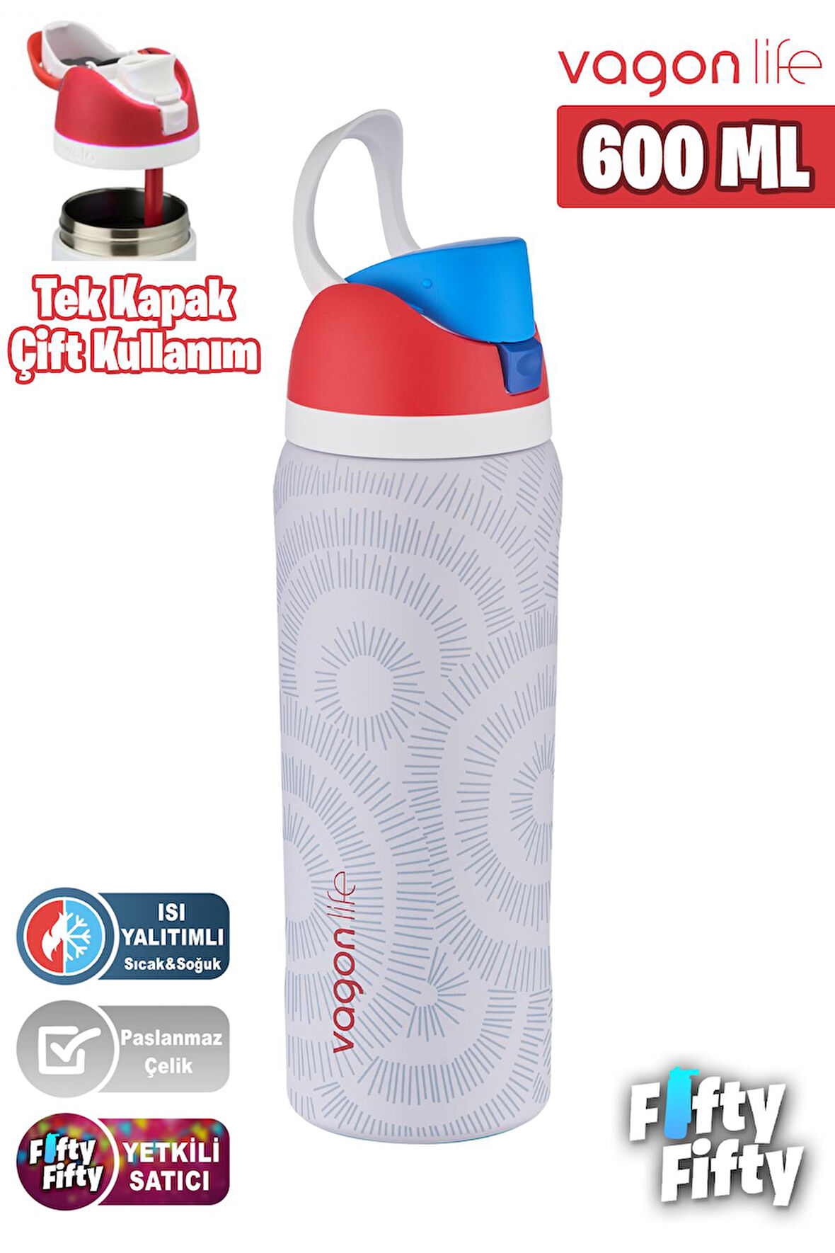 Vagonlife 600 ML Tek Kapak Çift Kullanım Pipetli/Pipetsiz Taşıma Kulplu Çelik Termos -FFVGN044ML600Desenli