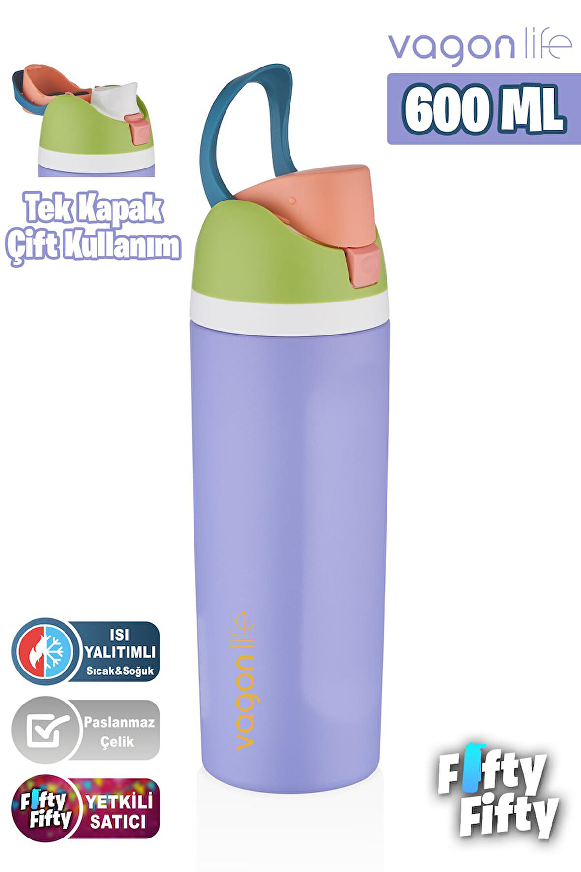 Vagonlife 600 ML Tek Kapak Çift Kullanım Pipetli/Pipetsiz Taşıma Kulplu Çelik Termos -FFVGN0443R600ML