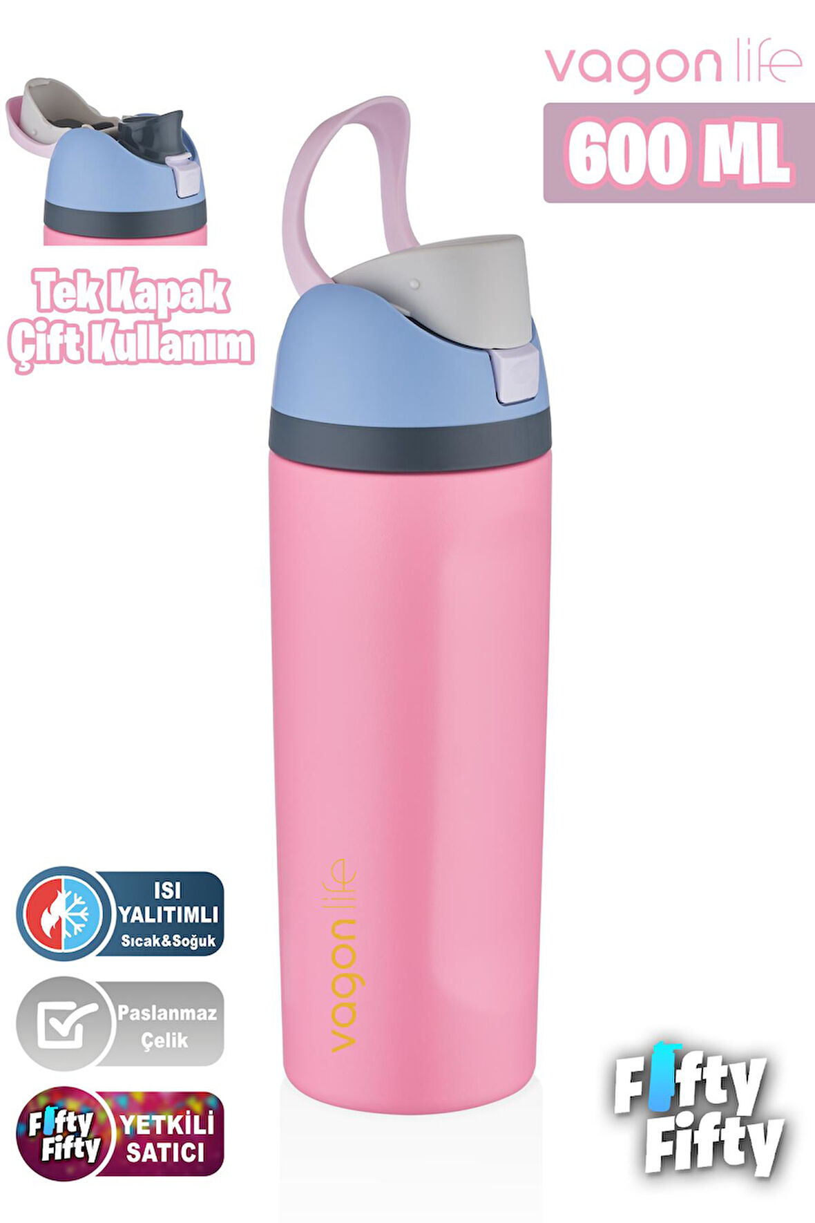 Vagonlife 600 ML Tek Kapak Çift Kullanım Pipetli/Pipetsiz Taşıma Kulplu Çelik Termos -FFVGN0443R600ML